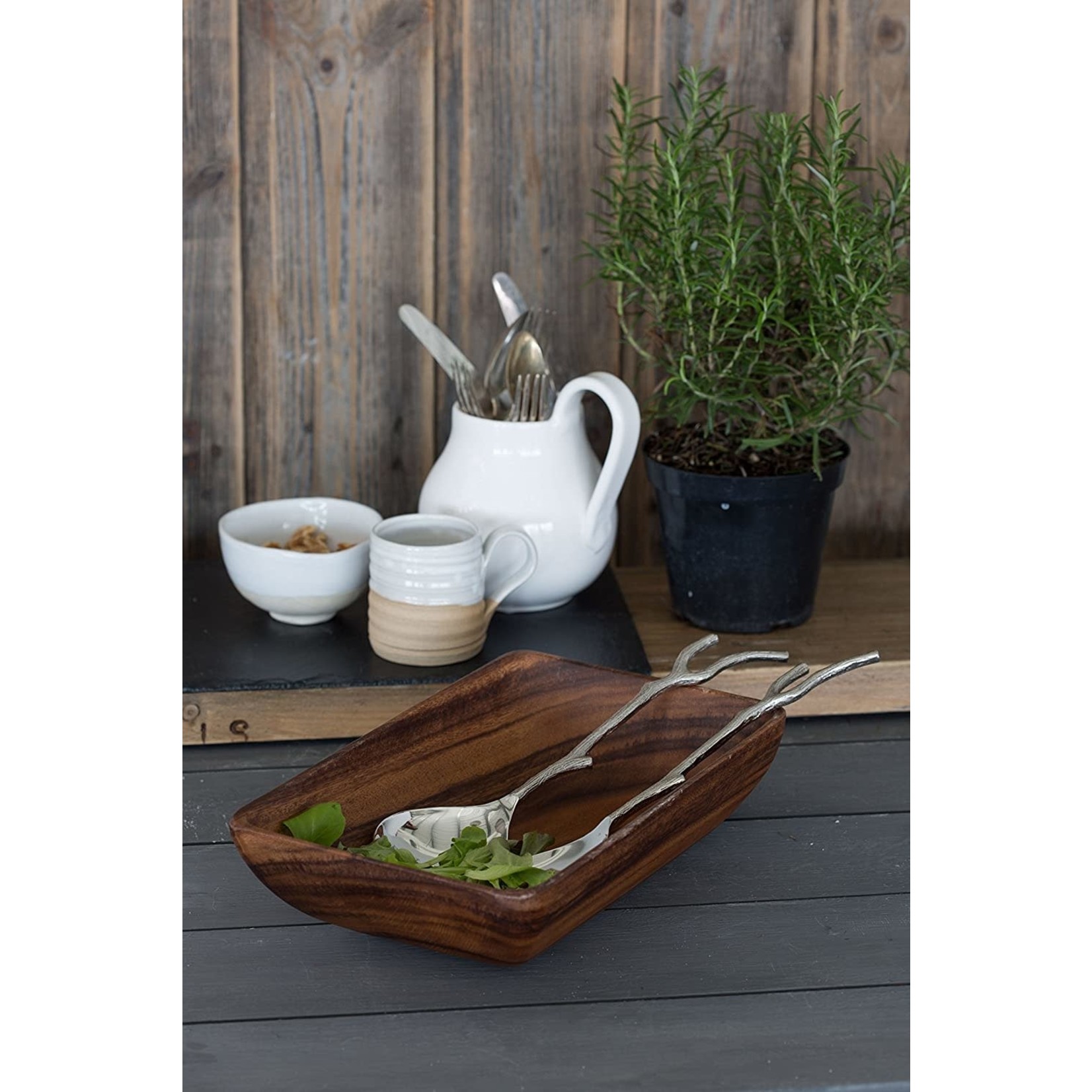 Just Slate Company Acacia Wood Salad Bowl with Stainless Steel Servers
