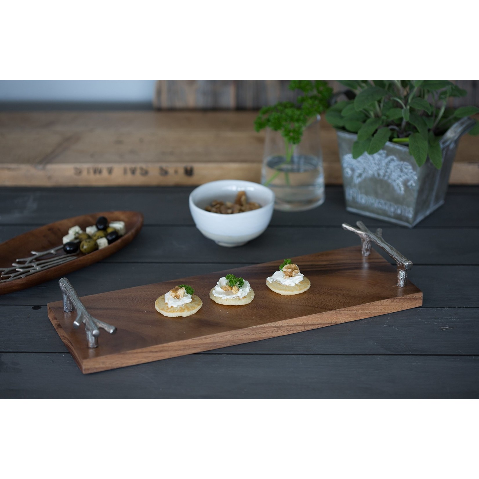 Just Slate Company Acacia Wood Serving Tray with Stainless Steel Branch Handles