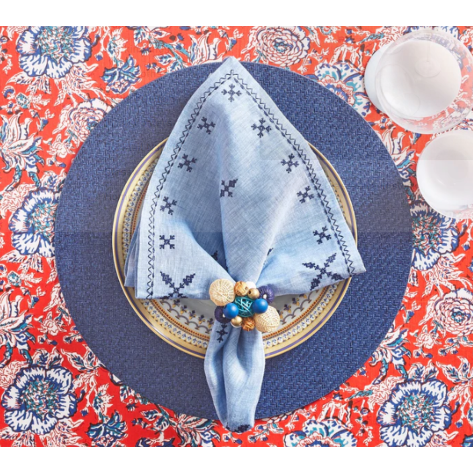Kim Seybert Fez Embroidered Periwinkle & Navy Linen Napkin