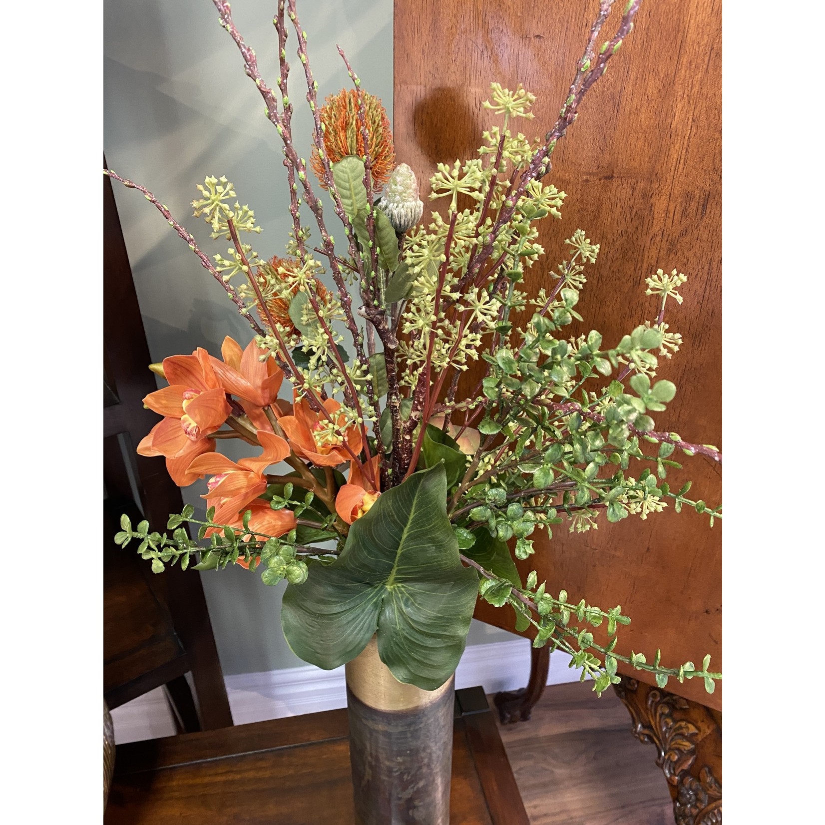 The Ivy Guild Cymbidium Protea Arrangement in Brass Vase