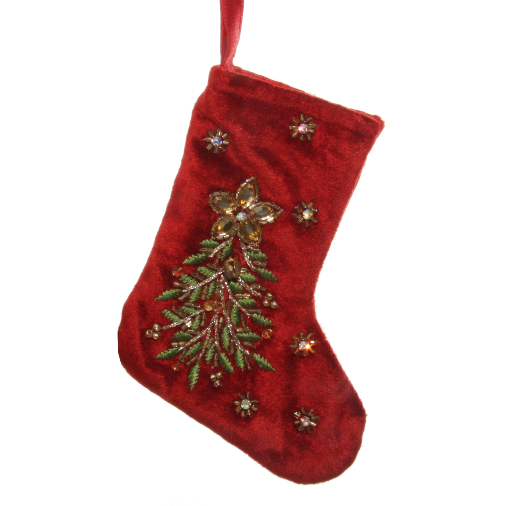 Shishi LLC Red Velvet Stocking with Beaded Tree Ornament
