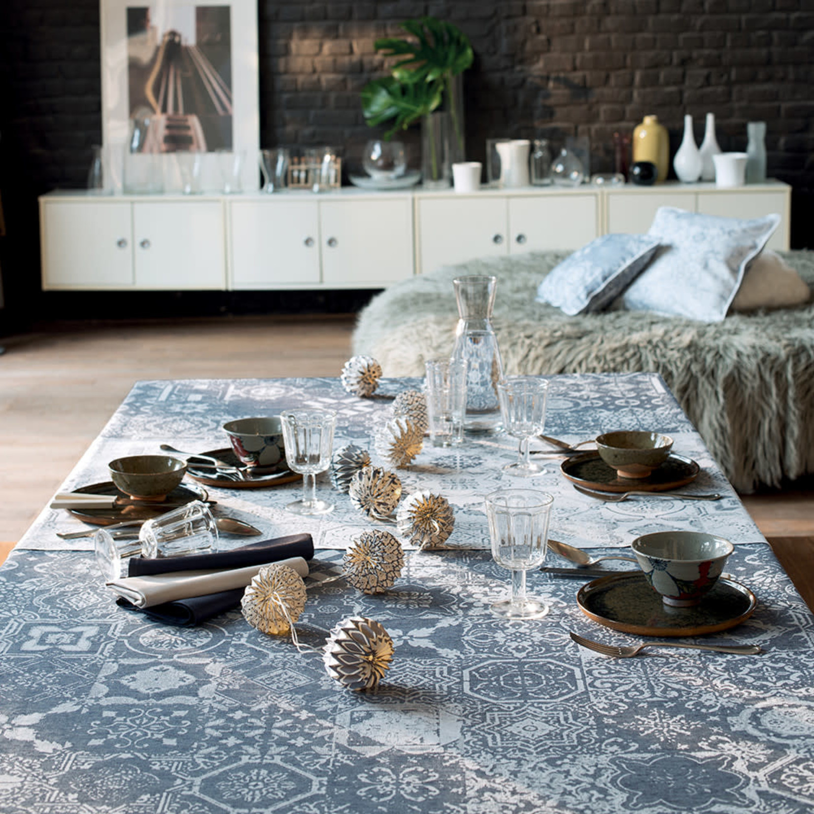 Garnier Thiebaut Mille Azulejos Bleu Ardoise Tablecloth