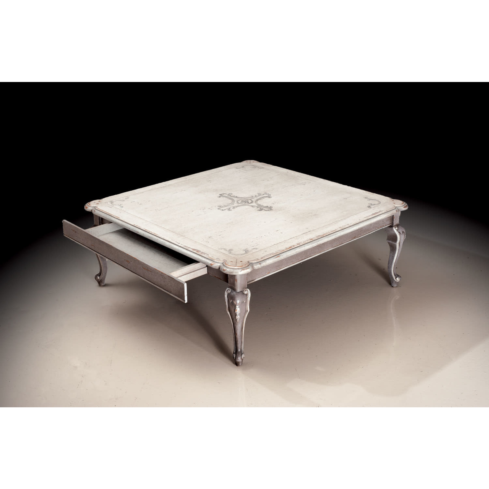 David Michael Painted Square Coffee Table Antique White & Gray Hand-Painted Medallion Top