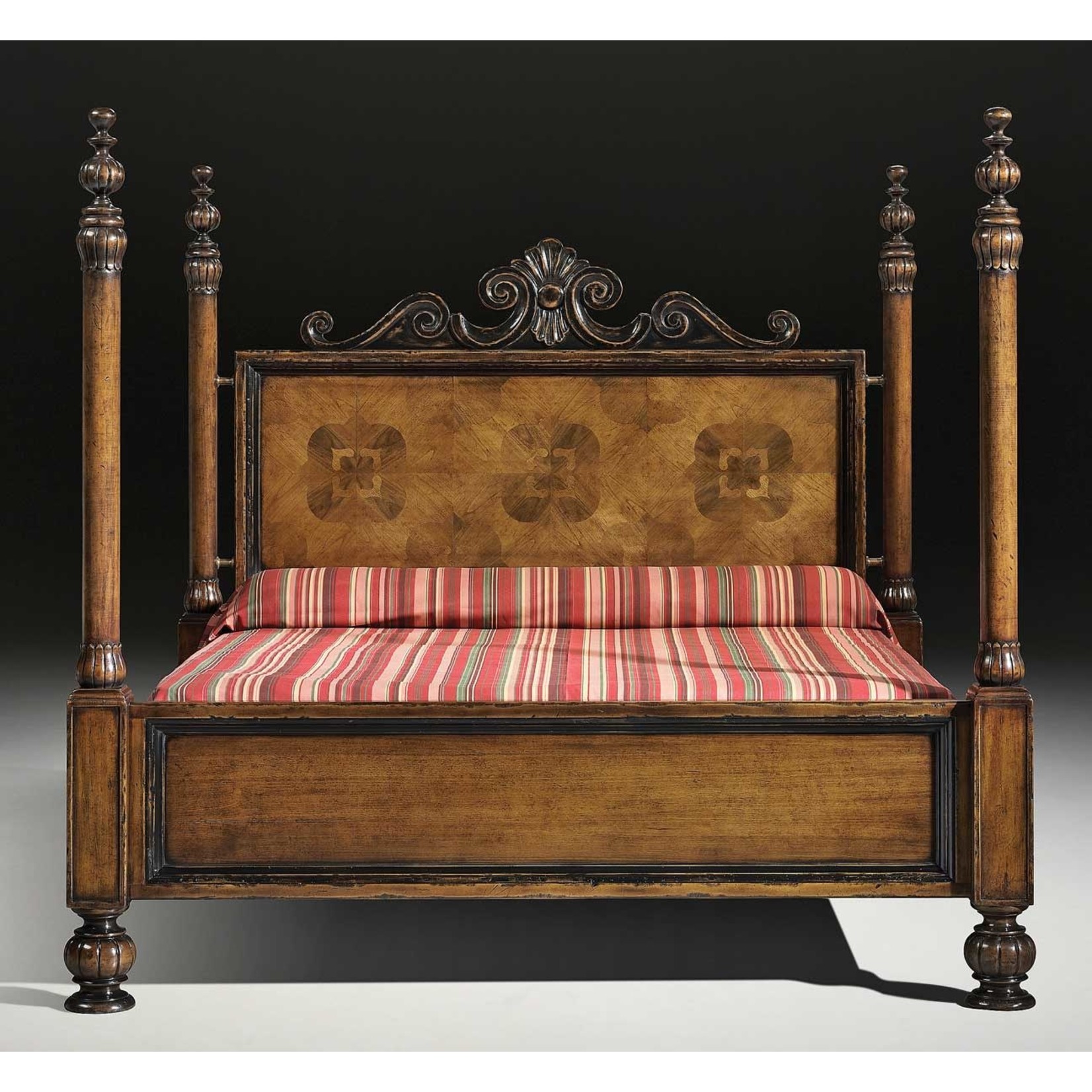 David Michael Rustic Inlaid Cherry & Black Walnut King Bed with Hand Carved Finials