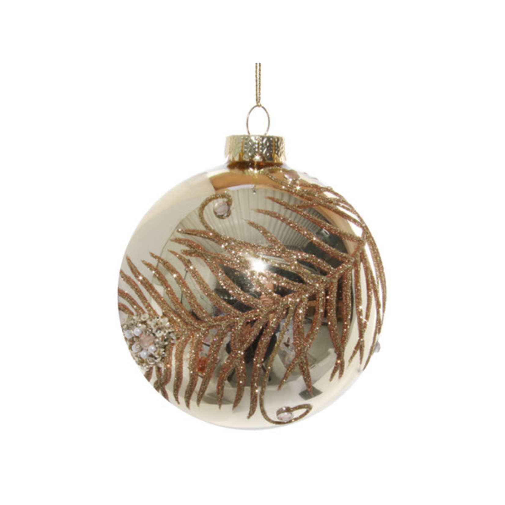 Shishi LLC Glass Ball Gold Glitter Feather Ornament 4"