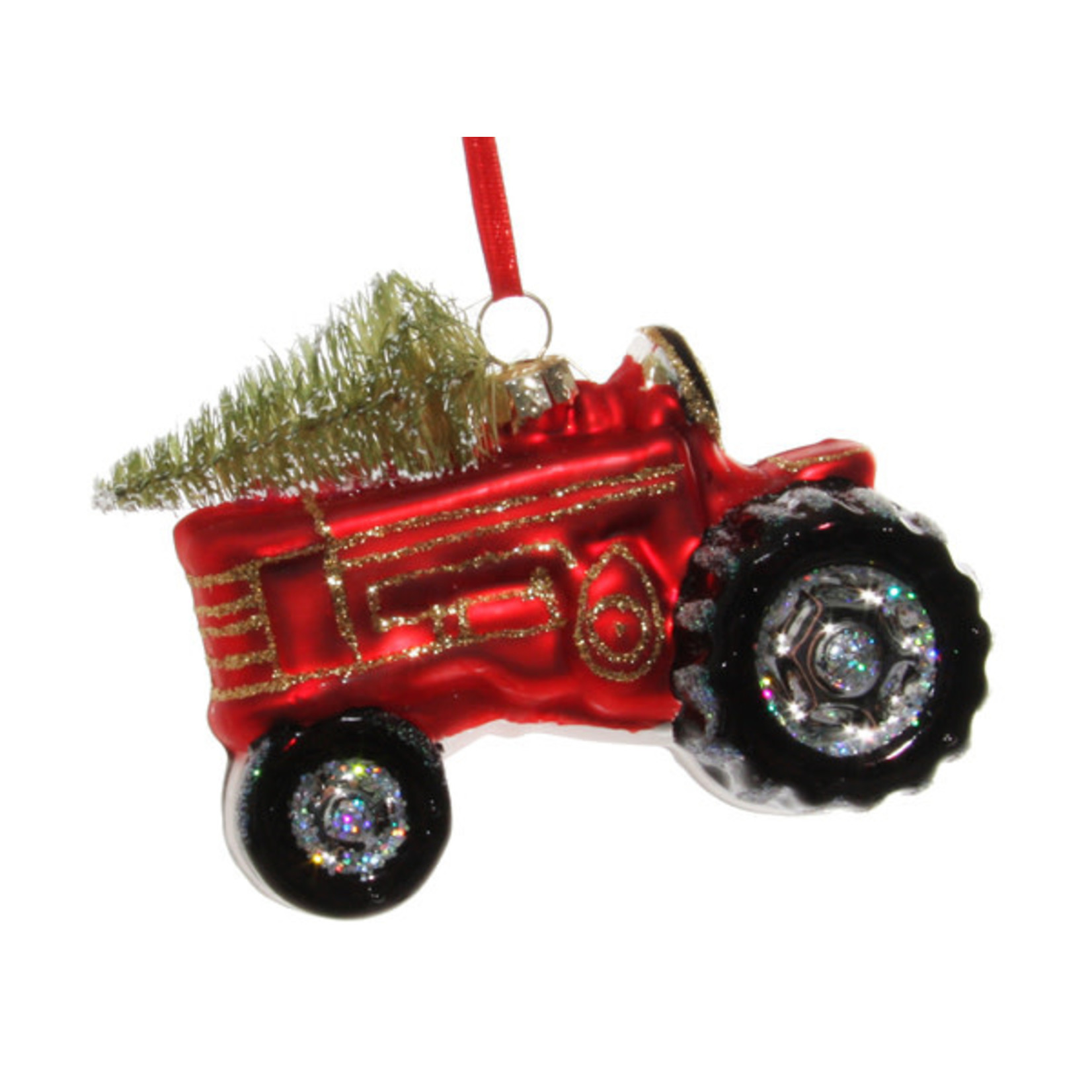 Shishi LLC Glass Red Tractor with Christmas Tree Ornament