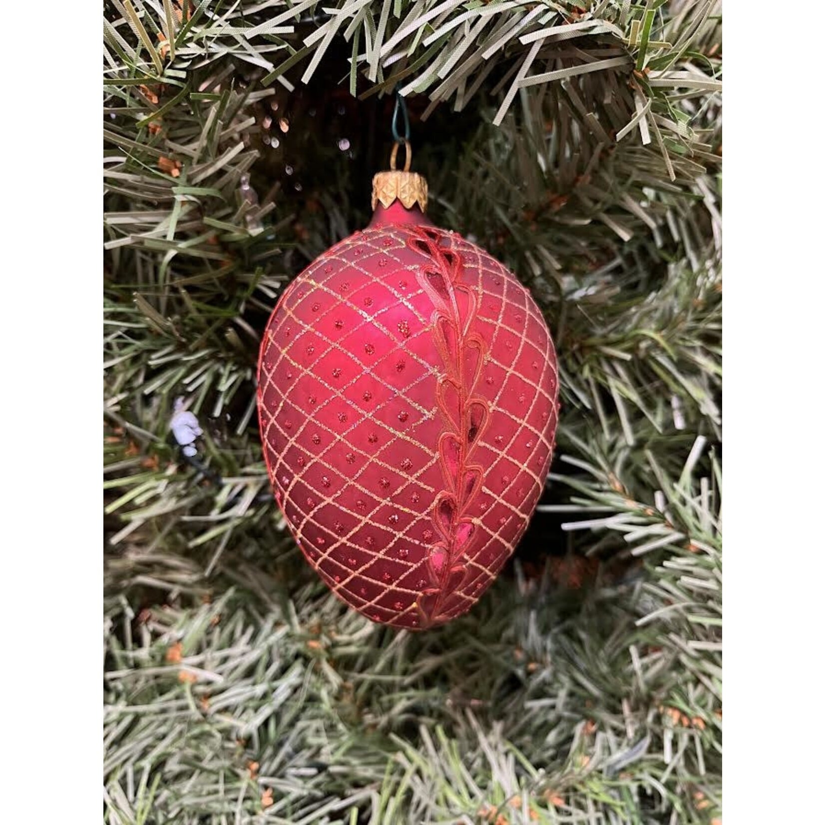 Tannenbaum Treasures Red Egg  with Gold Glitter Glass Ornament