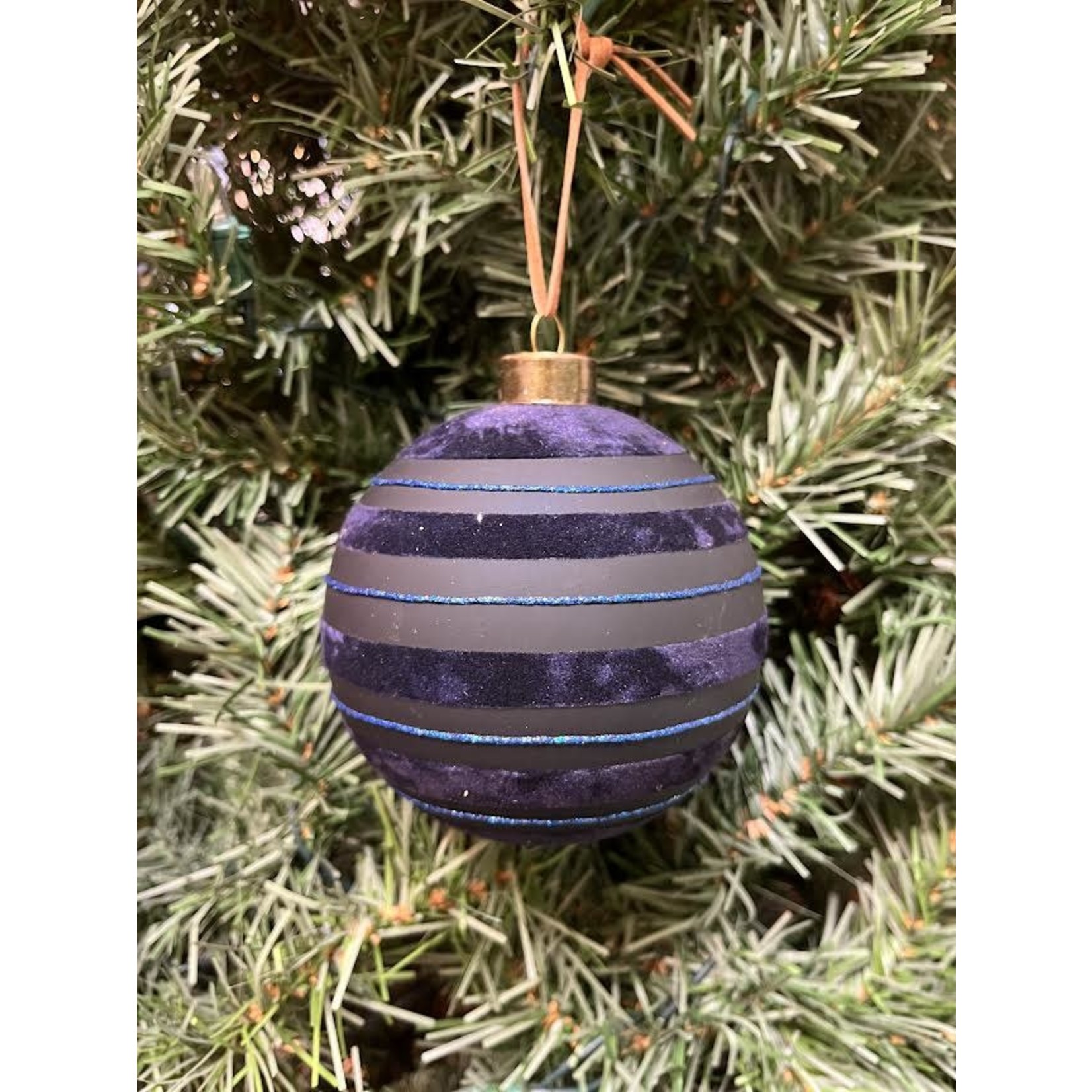 Zodax Blue Flocked Striped Ornament 4" Medium