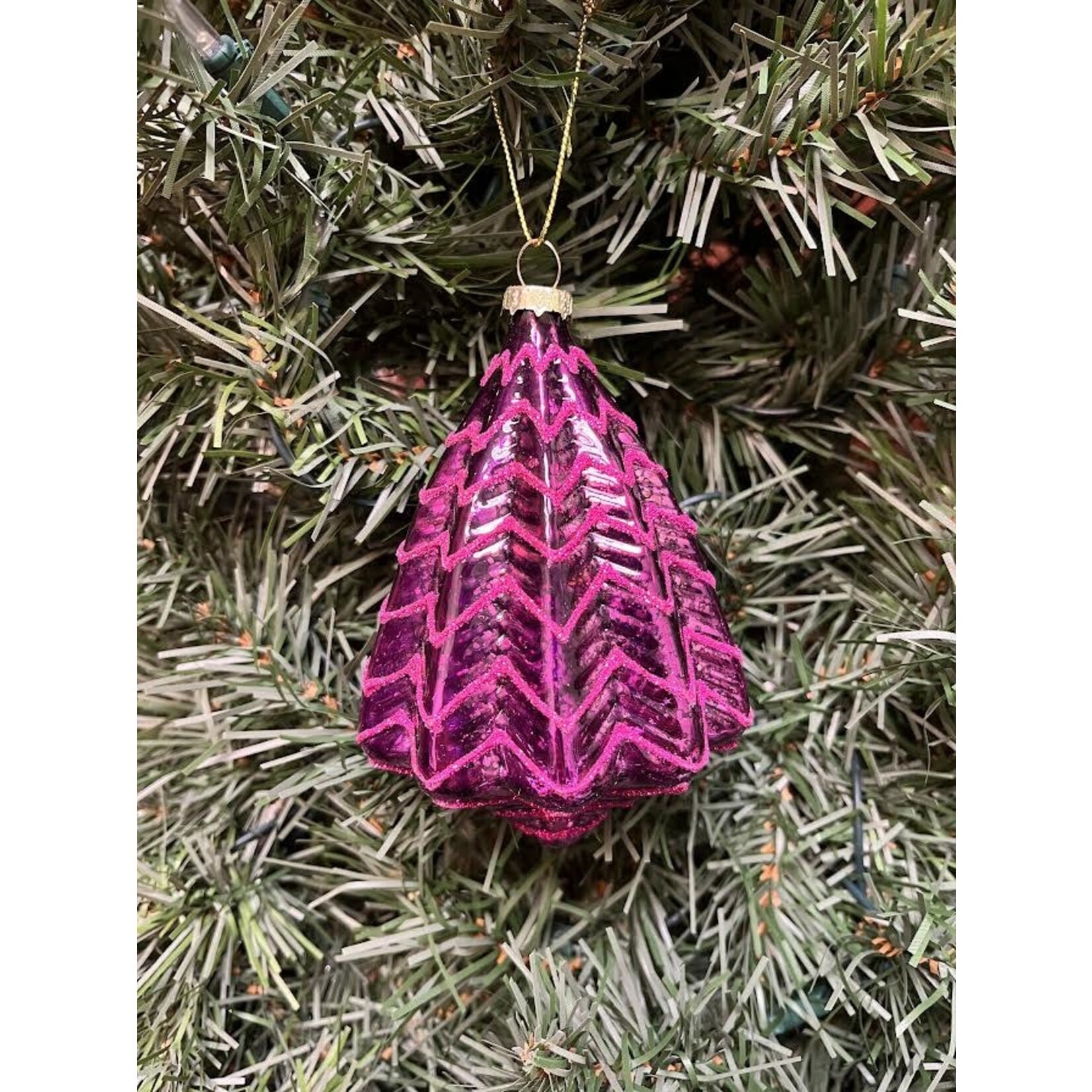 Two's Company Bright Purple Pyramid Glass Ornament 4"x5"