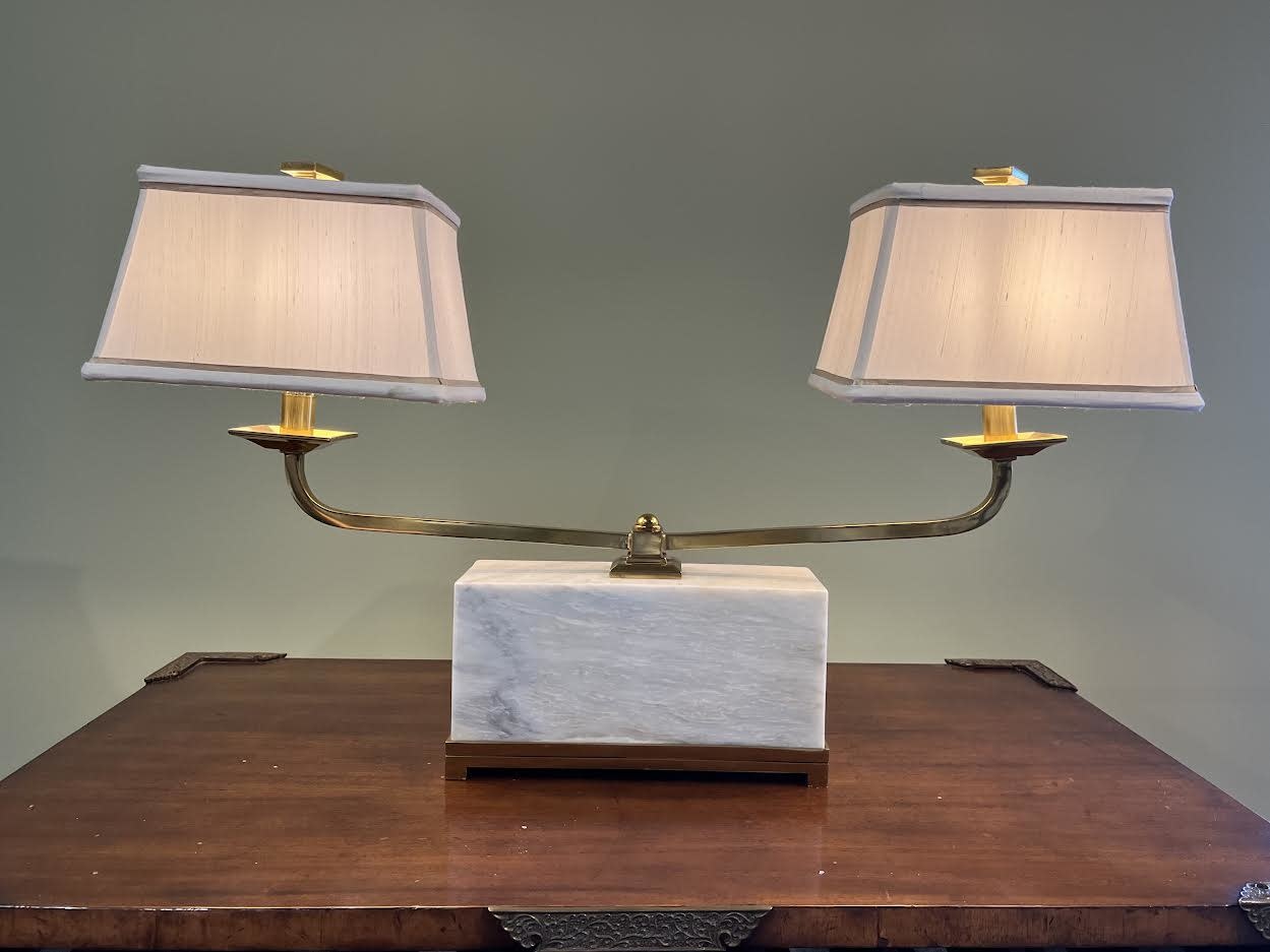 Two Arm Brass and Marble Table Lamp - Designer's Studio