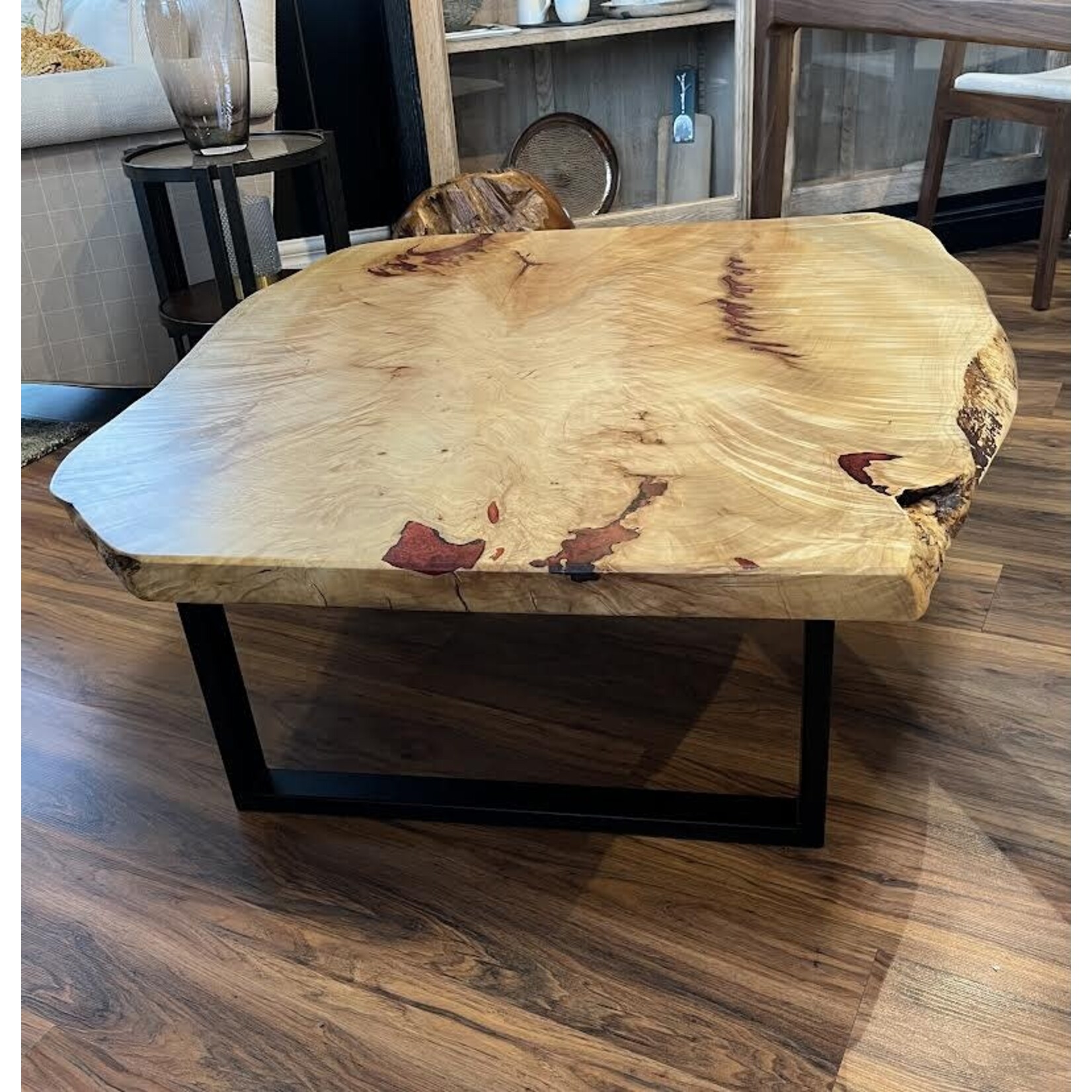 Rothrock Wood Project Figured Maple Coffee Table with Merlot Resin & Black Steel Legs