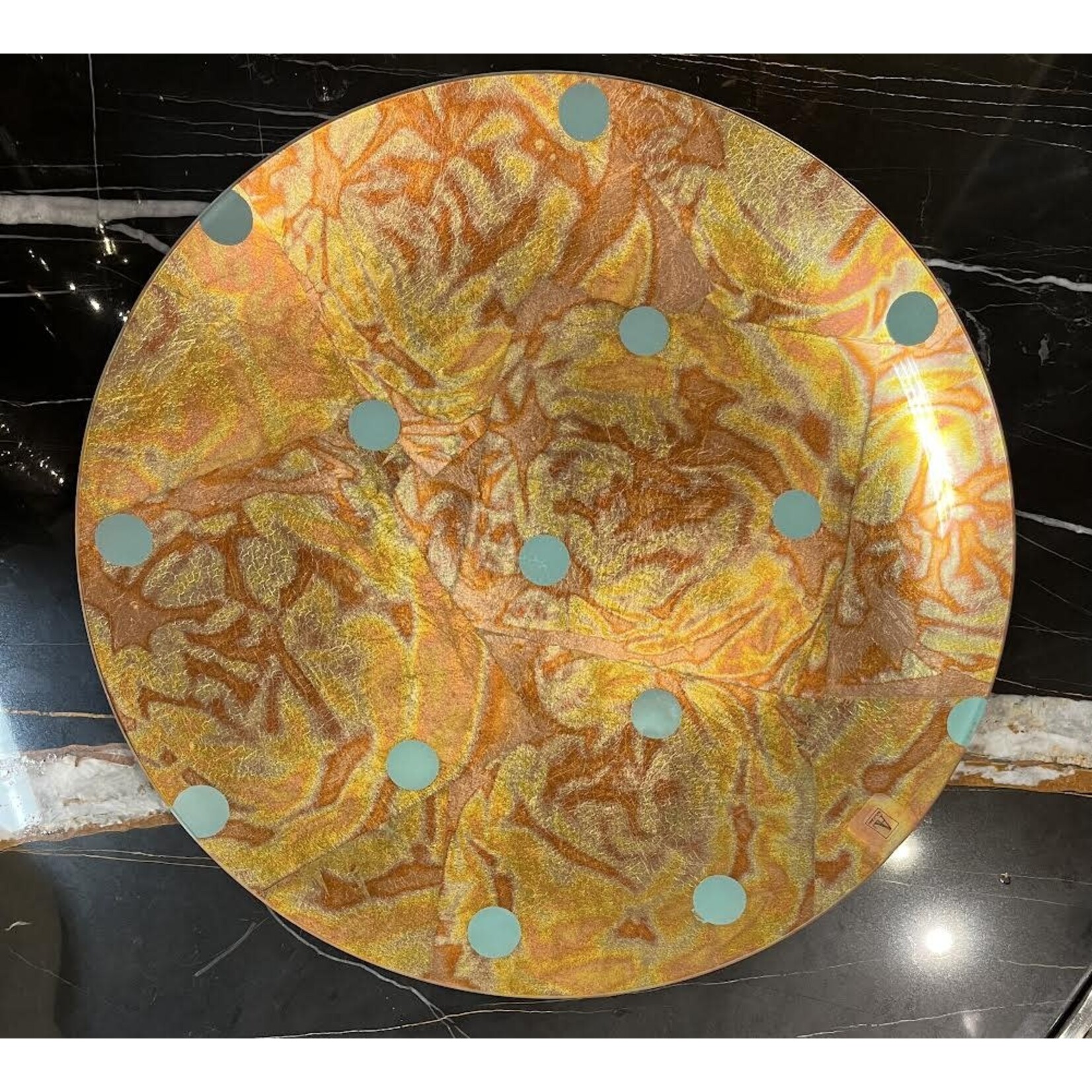 Alan Lee Collection Polka Dots Round Platter Copper Turquoise