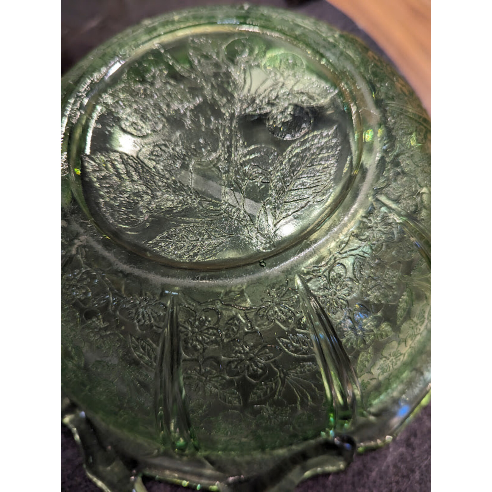 Jeannette Green Depression Glass Serving Bowl Cherry Blossom Handled
