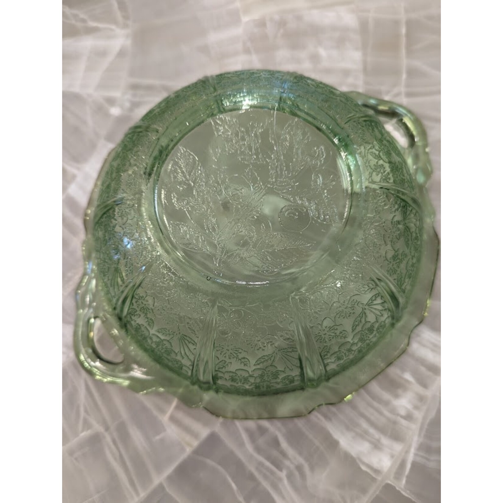 Jeannette Green Depression Glass Serving Bowl Cherry Blossom Handled