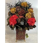 Bougainvillea Red Hydrangea in Tall Dark Red Painted Wooden Center Piece