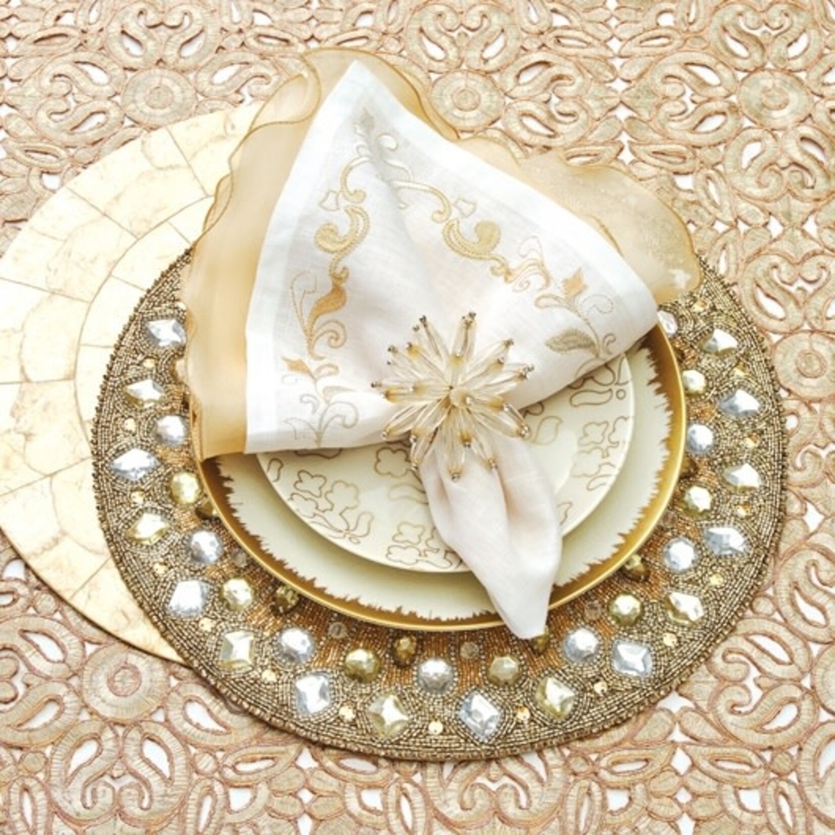 Kim Seybert Brocade Border Linen Napkin White, Grey, Silver
