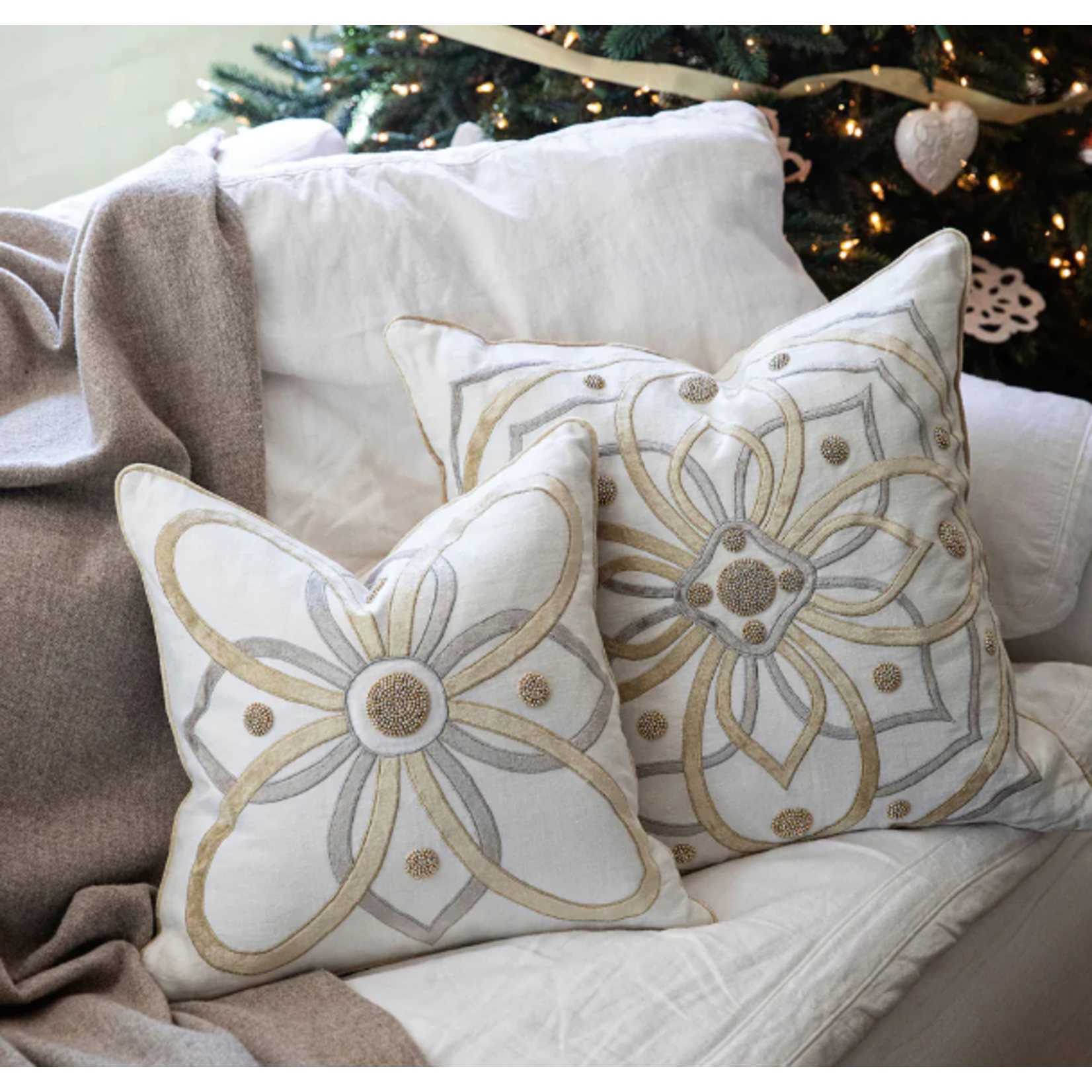 Juliska Berry & Thread Embellished Gold Silver Throw Pillow 18x18