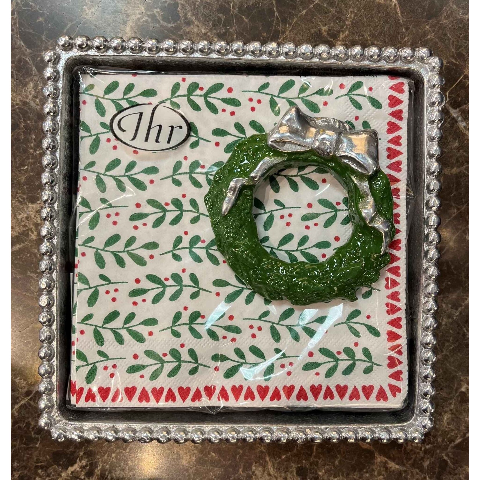 Mariposa Green Wreath Beaded Napkin Box