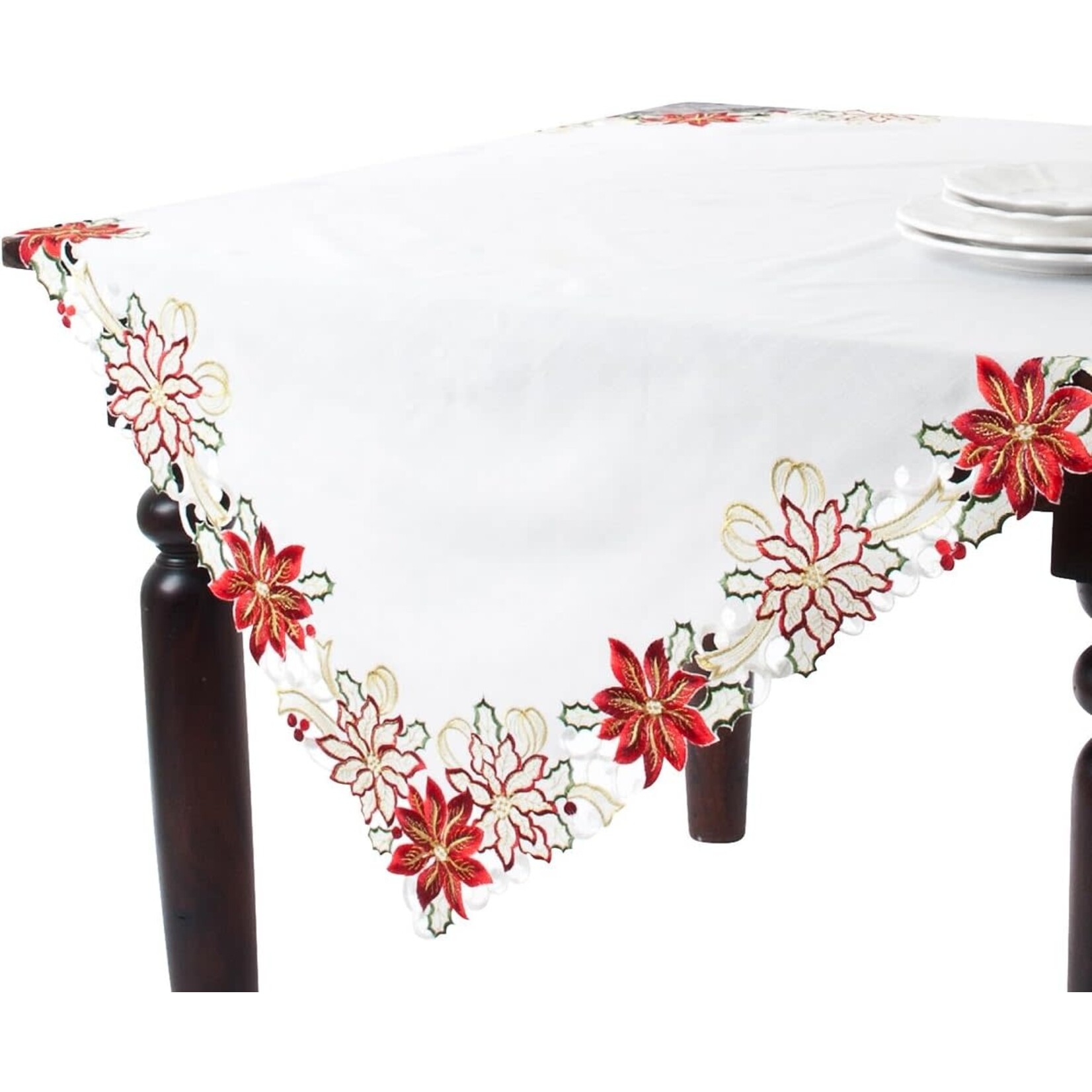 Saro Trading Company Holiday Poinsettia Ivory Tablecloth Topper