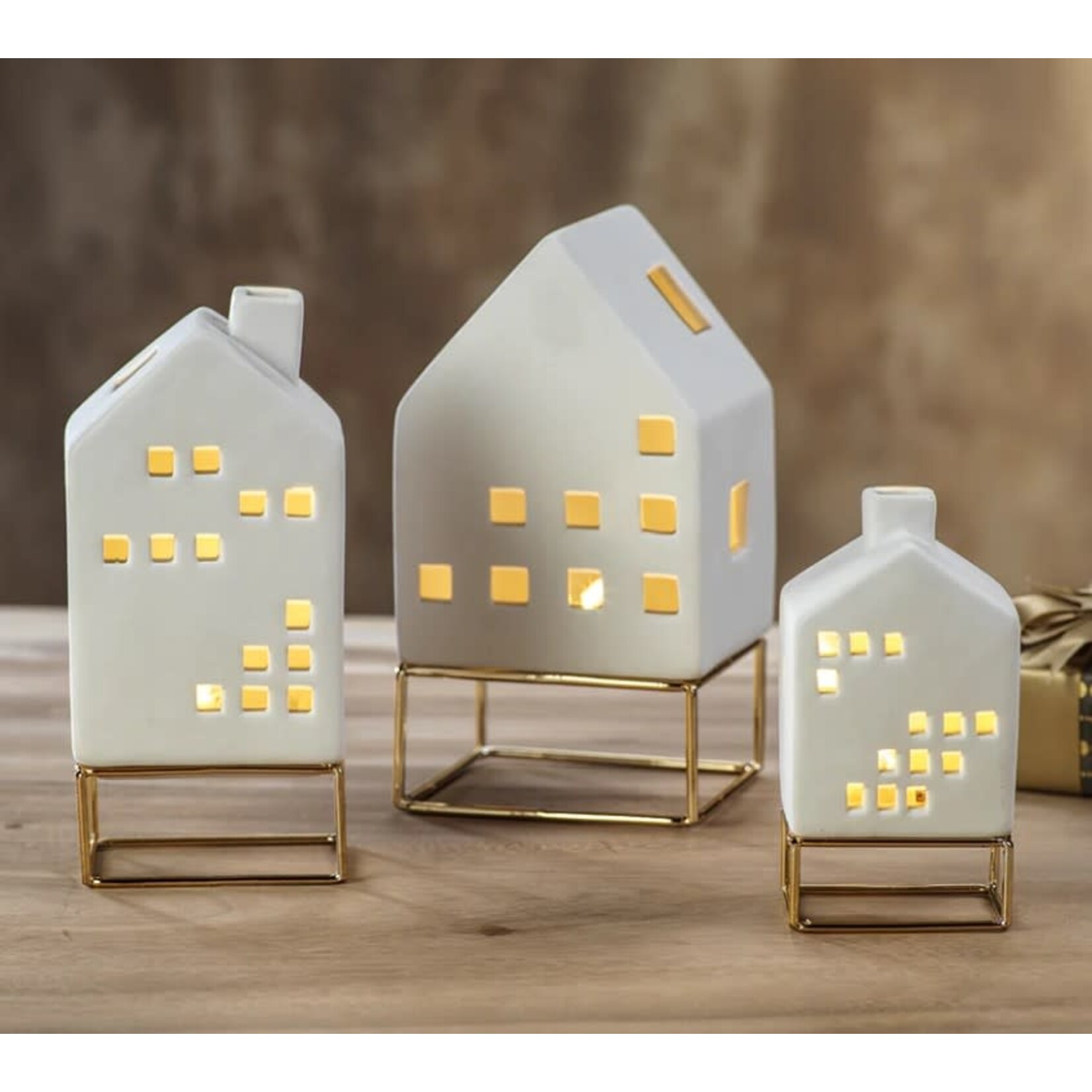 Zodax LED Ceramic House on Gold Metal Base Small