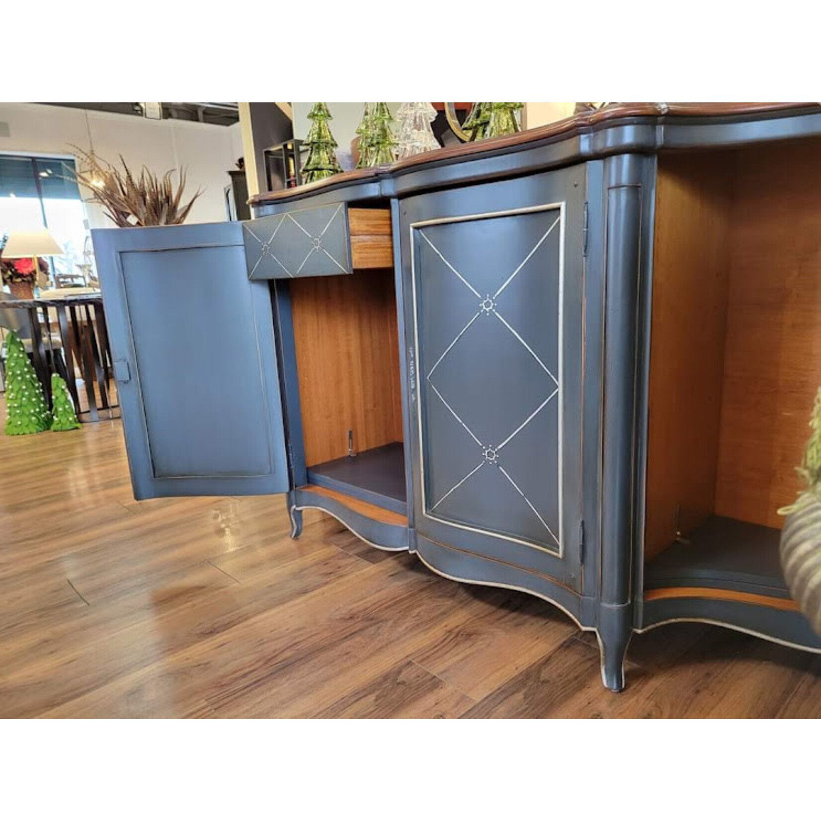 David Michael Painted Blue French Sideboard with Silver Accents & Walnut Top