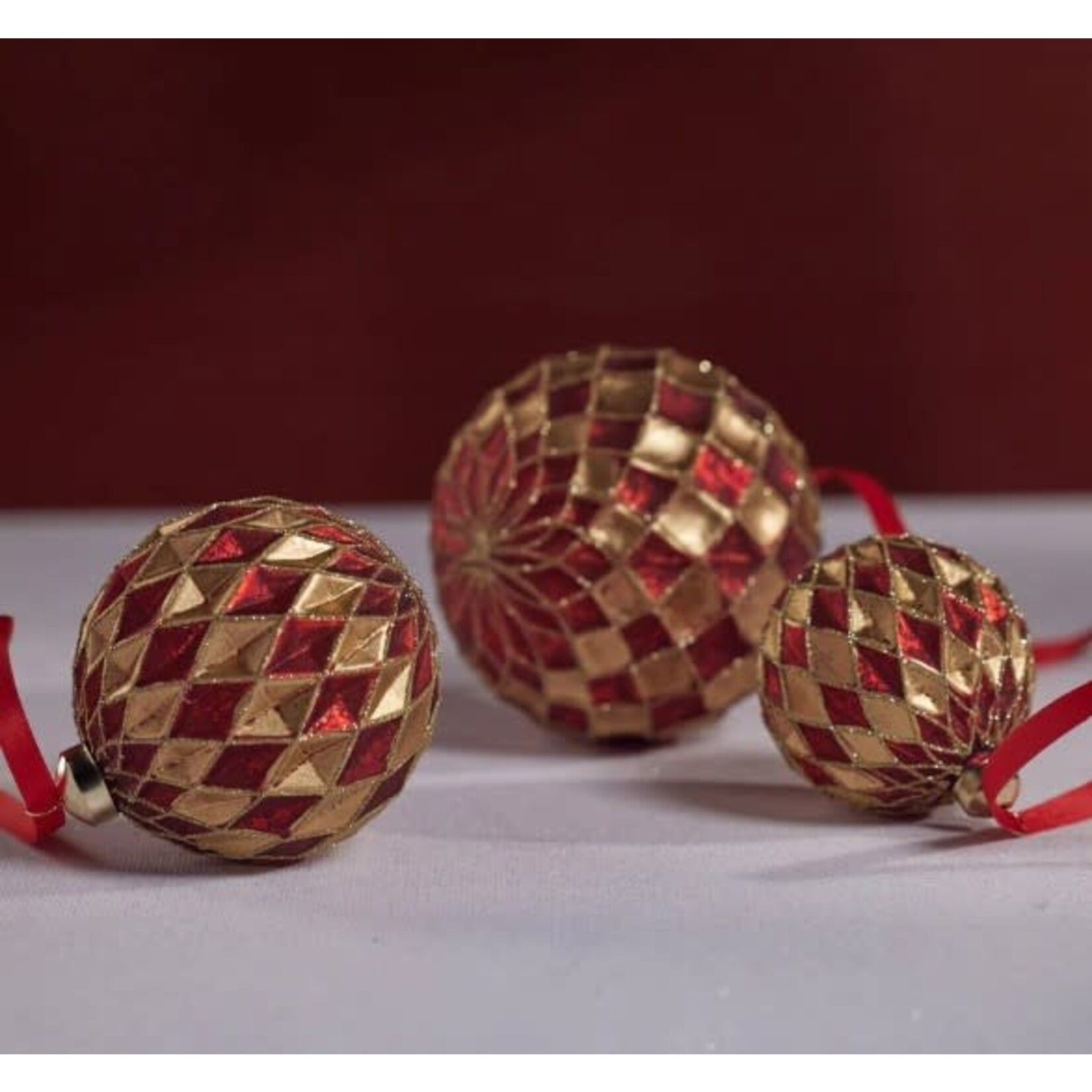Zodax Harlequin Glass Ball Ornament Red and Gold 4.75 in