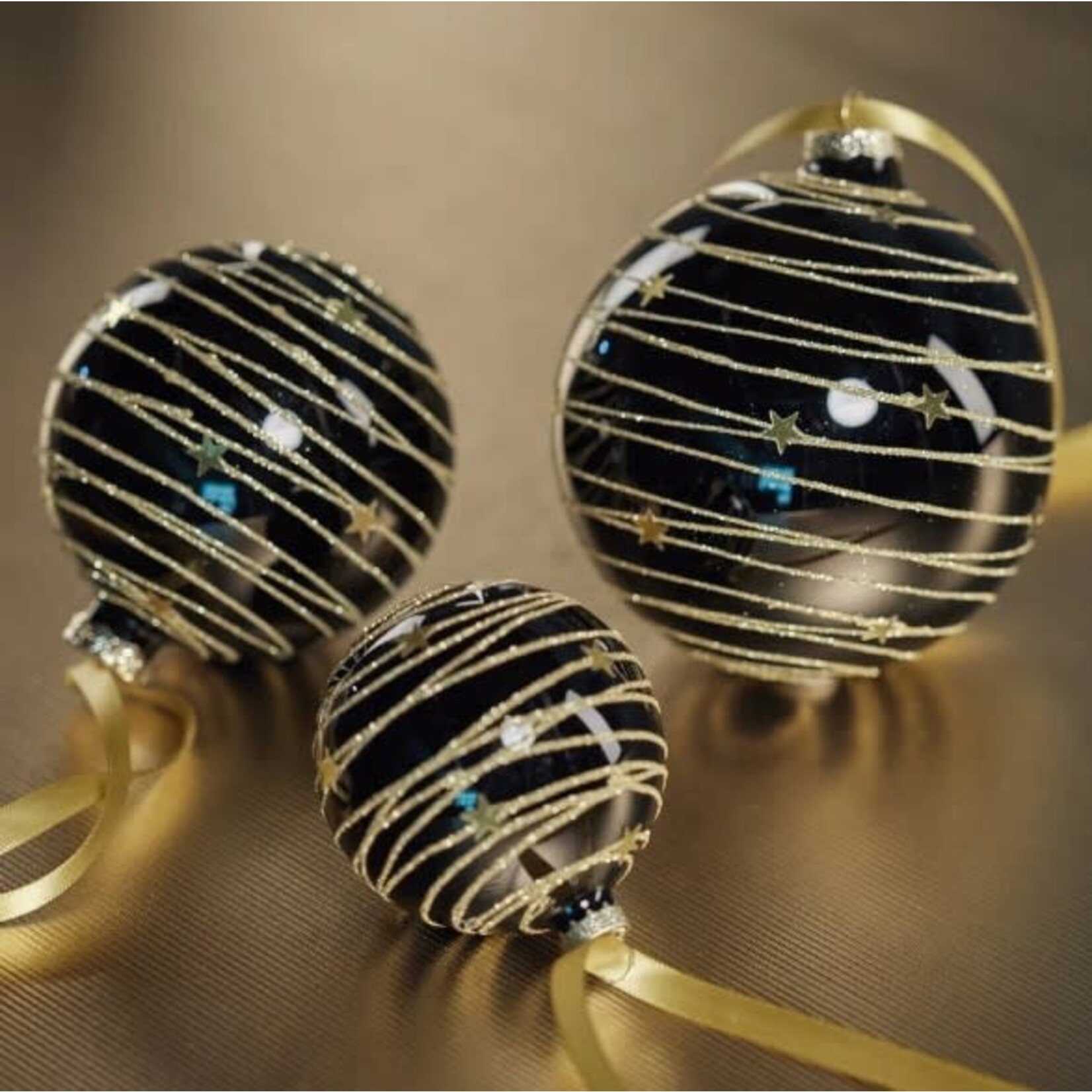 Zodax Black Stars & Gold Glitter Glass Ball Ornament 4"