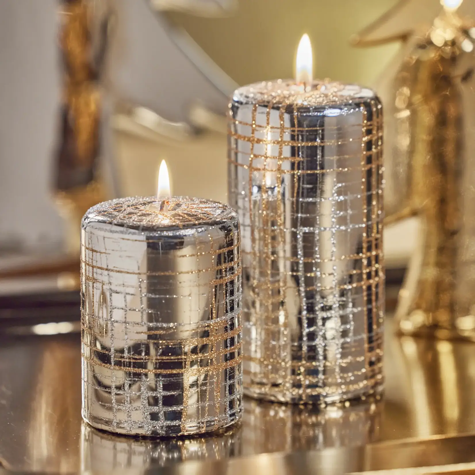 Zodax Metallic Pillar Candle Silver & Gold Glitter 6 In