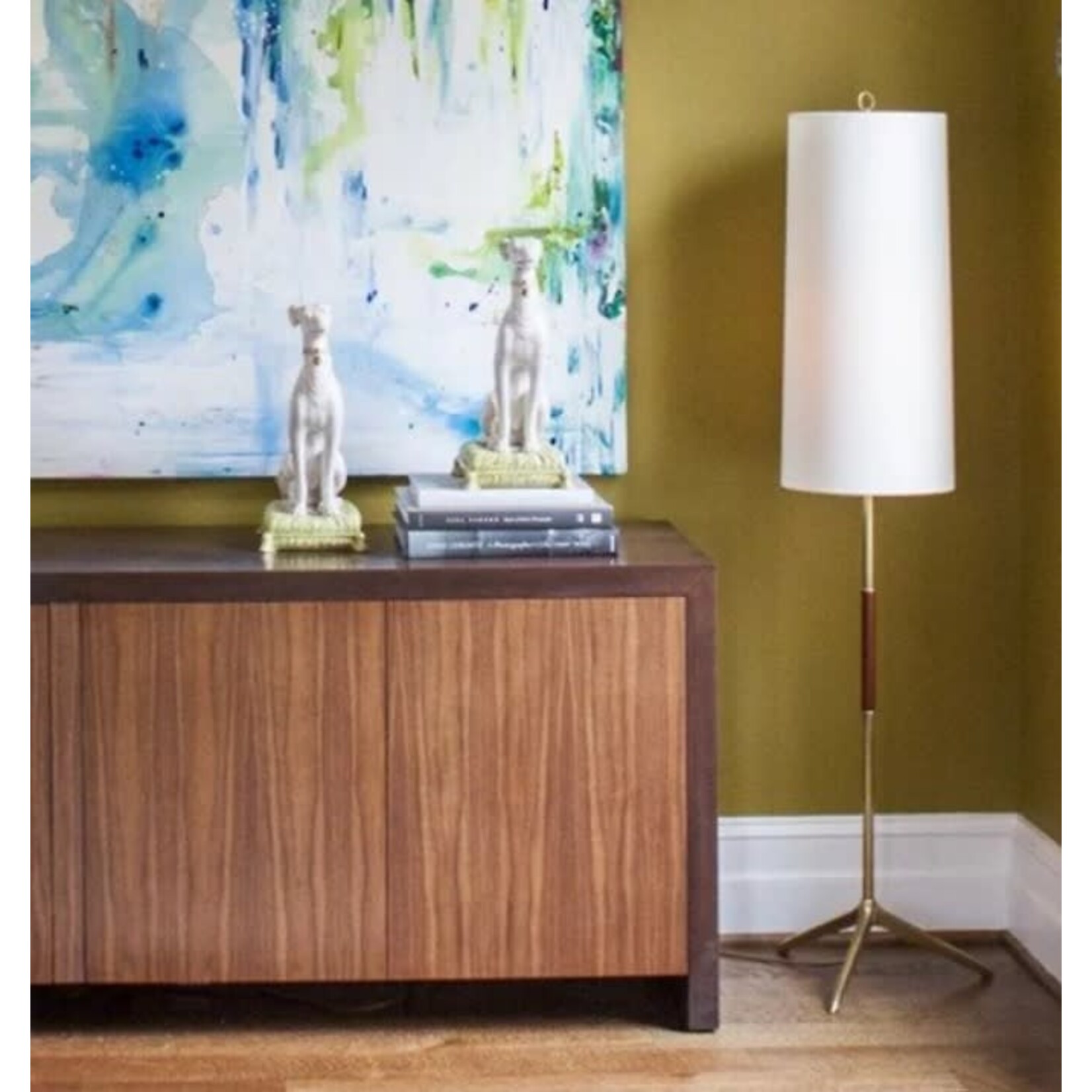 Visual Comfort Frankfort Floor Lamp in Hand-Rubbed Antique Brass with Mahogany Accents and Linen Shade