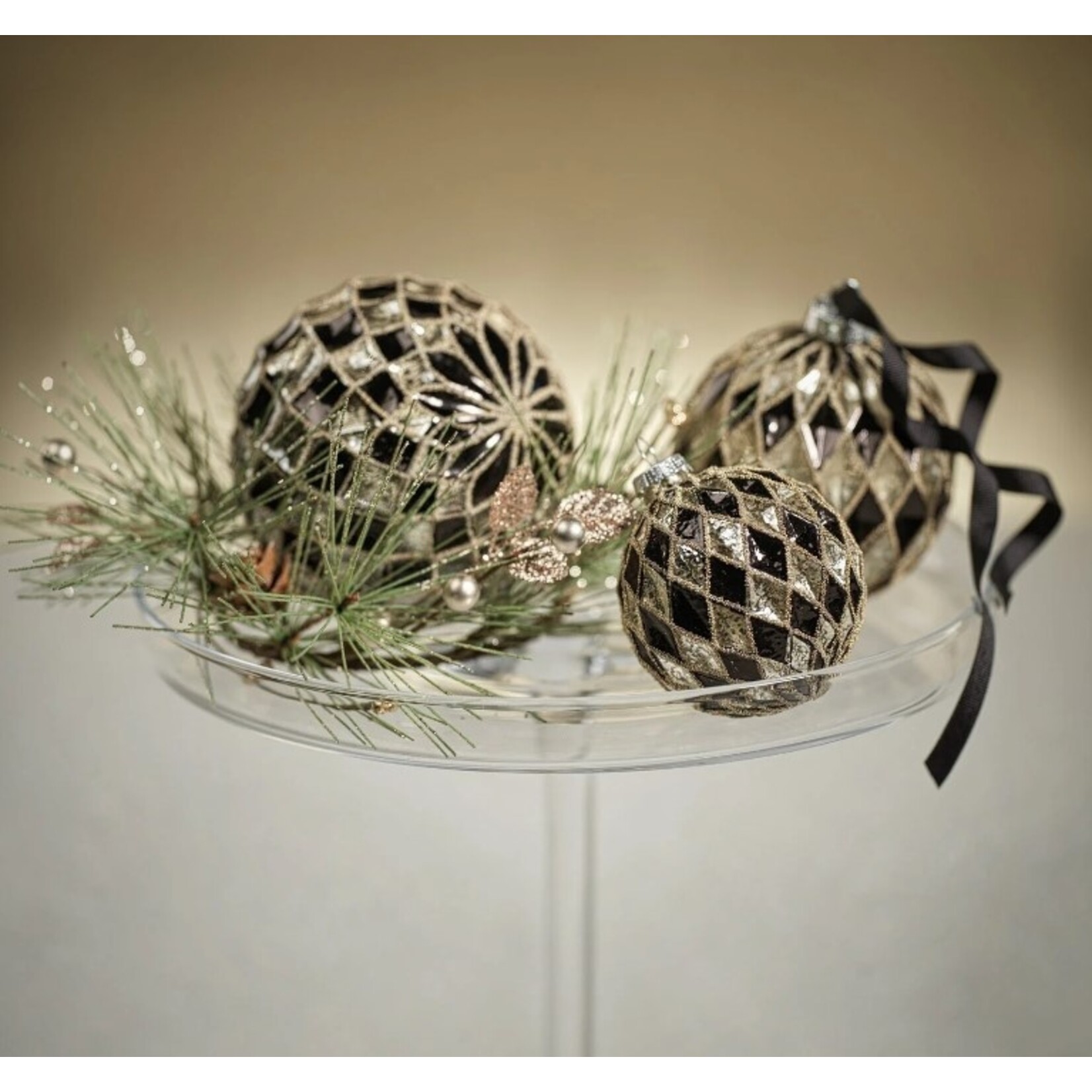 Zodax Harlequin Black & Silver Glass Ball Ornament 4"