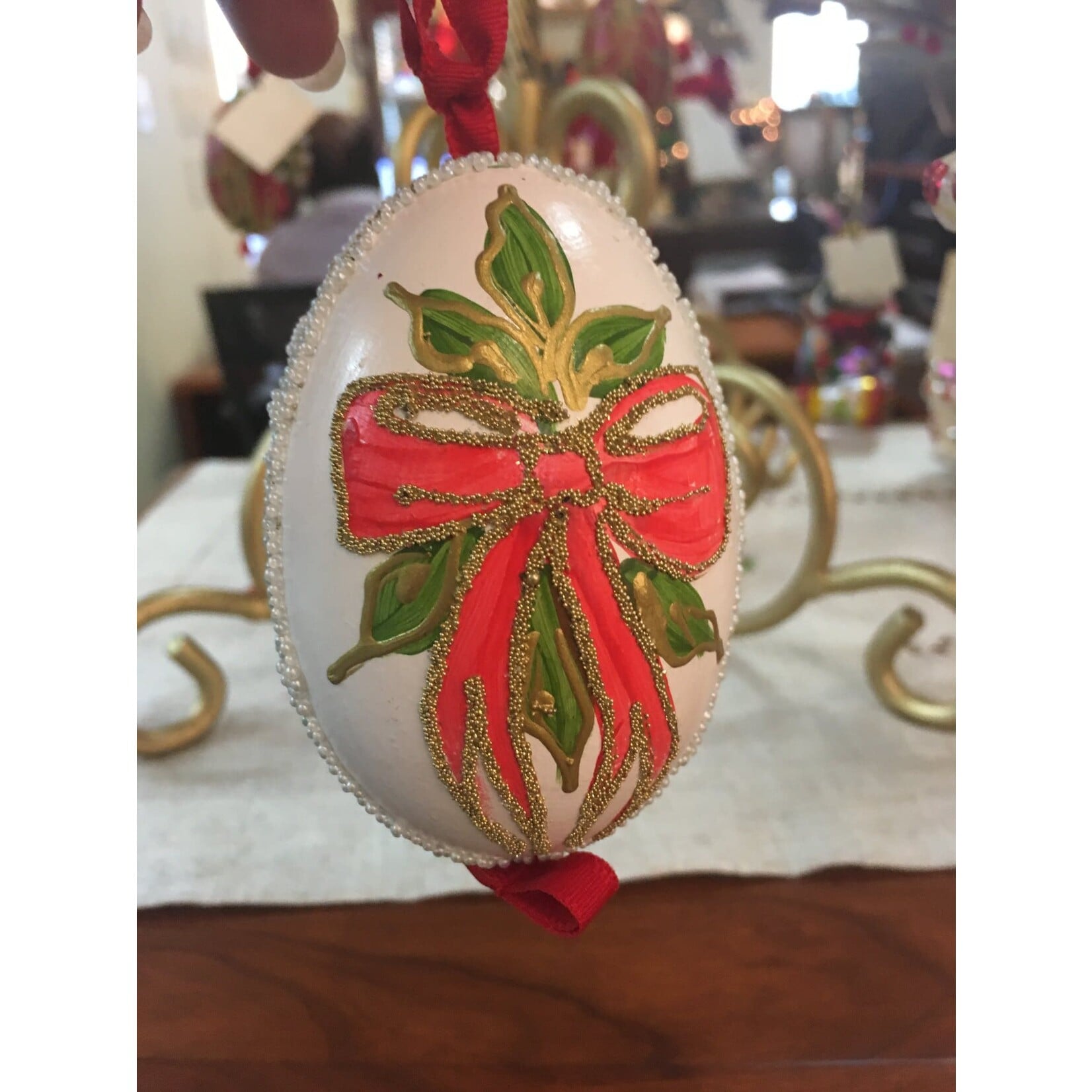 Peter Priess Hand Painted White Christmas Goose Egg Ornament