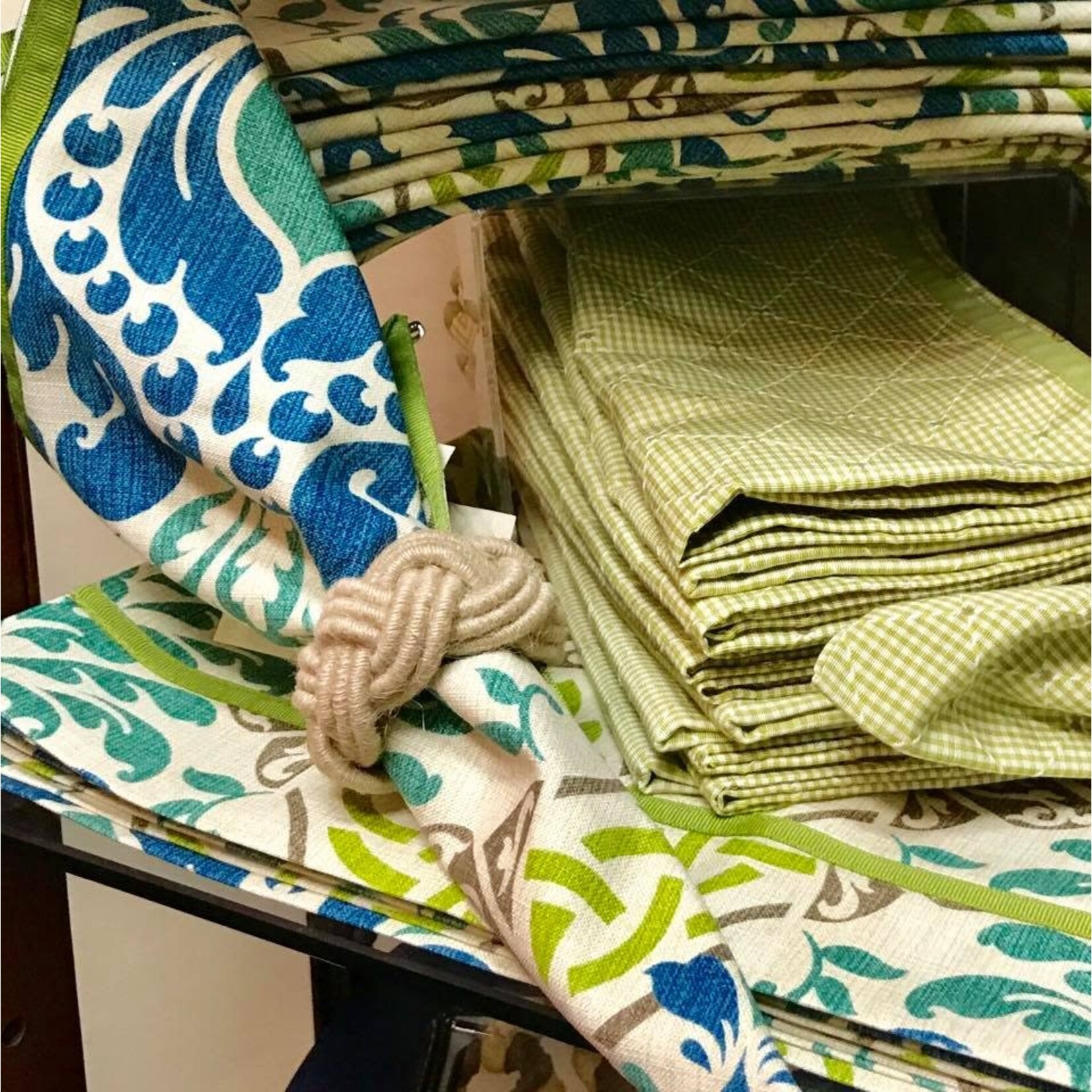 Karen Lee Ballard Peacock Teal Green Ribbon Damask Linen Napkin