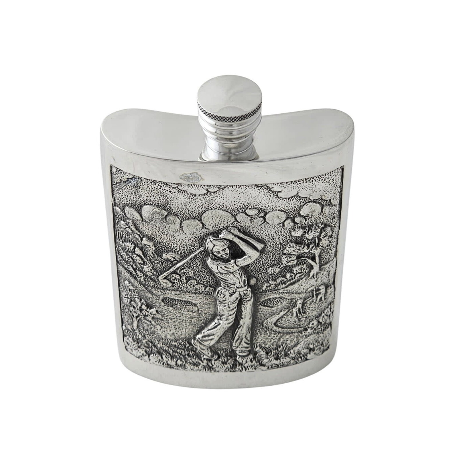Corbell Silver Double Sided Kidney Shaped Embossed Golf Design Pewter Flask 6oz