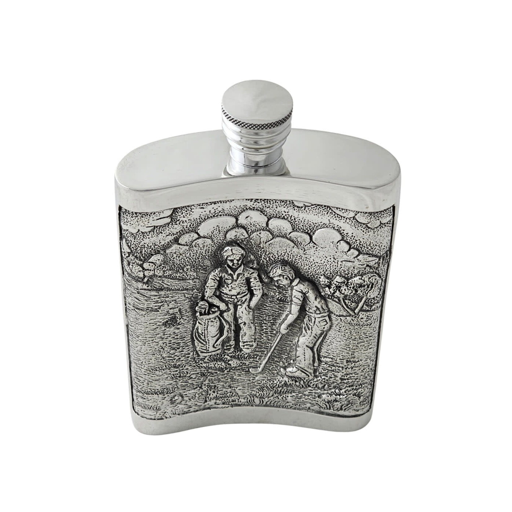 Corbell Silver Double Sided Kidney Shaped Embossed Golf Design Pewter Flask 6oz
