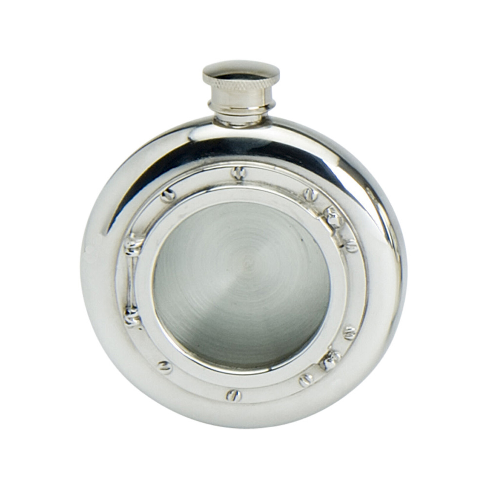 Corbell Silver Round Polished English Pewter Bottle Pocket Hip Flask 6oz Featuring Port Hole Insert