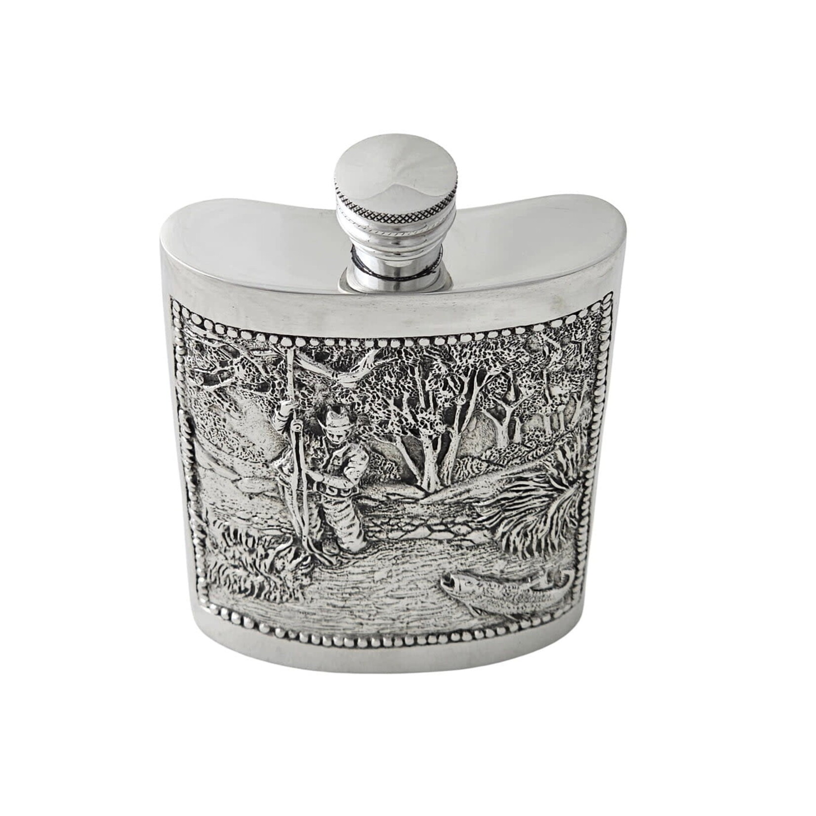 Corbell Silver Kidney Shaped Embossed Fishing Motif Pewter Flask 6oz