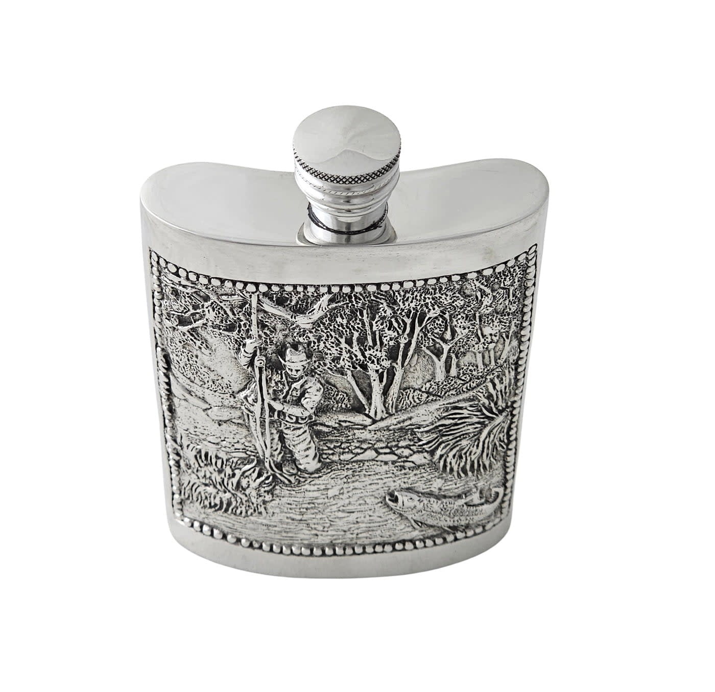 銀盃◇ Corbell Silver Kidney Shaped Embossed Fishing Motif Pewter Flask