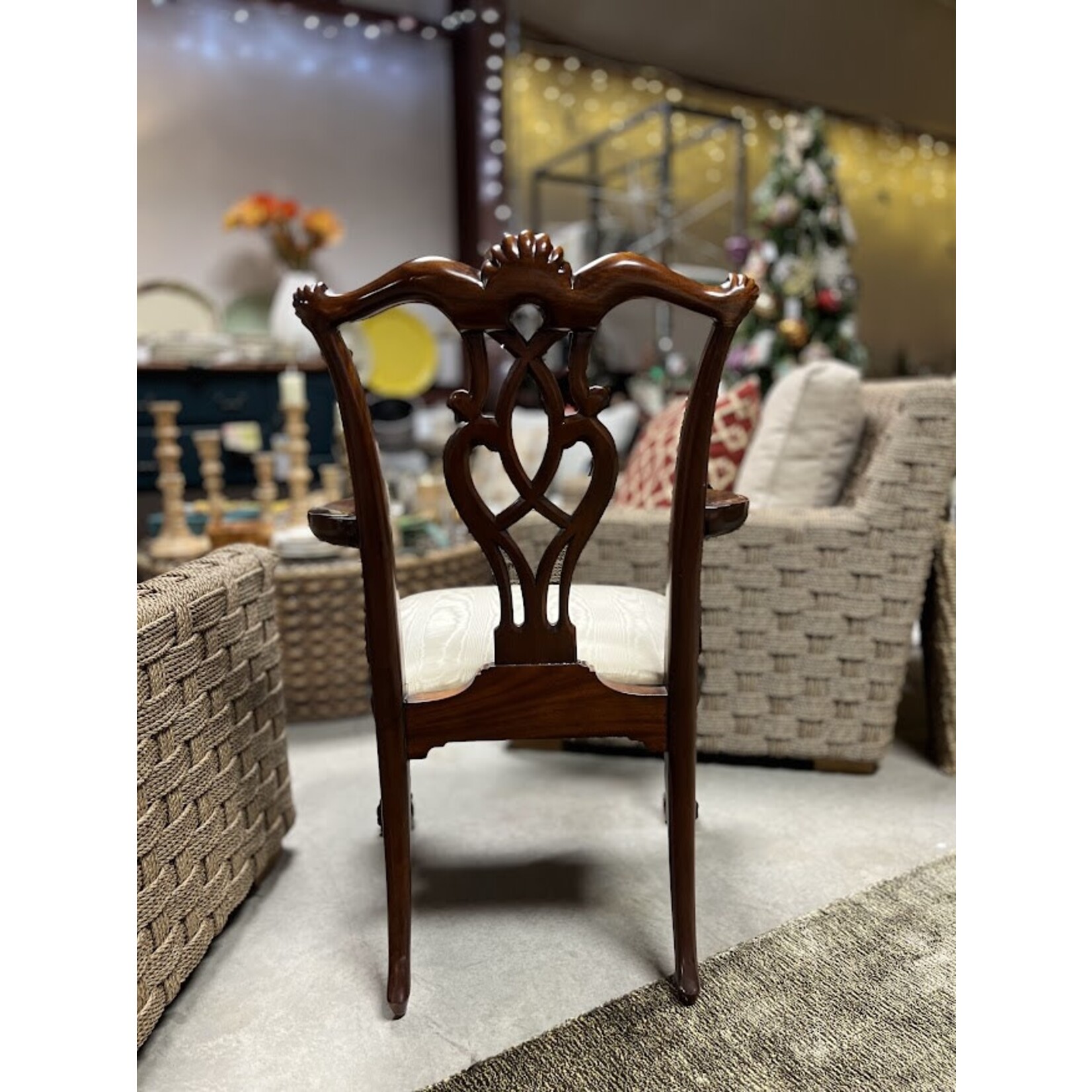 Maitland Smith Hand Carved Mahogany Armchair with Brass Accents
