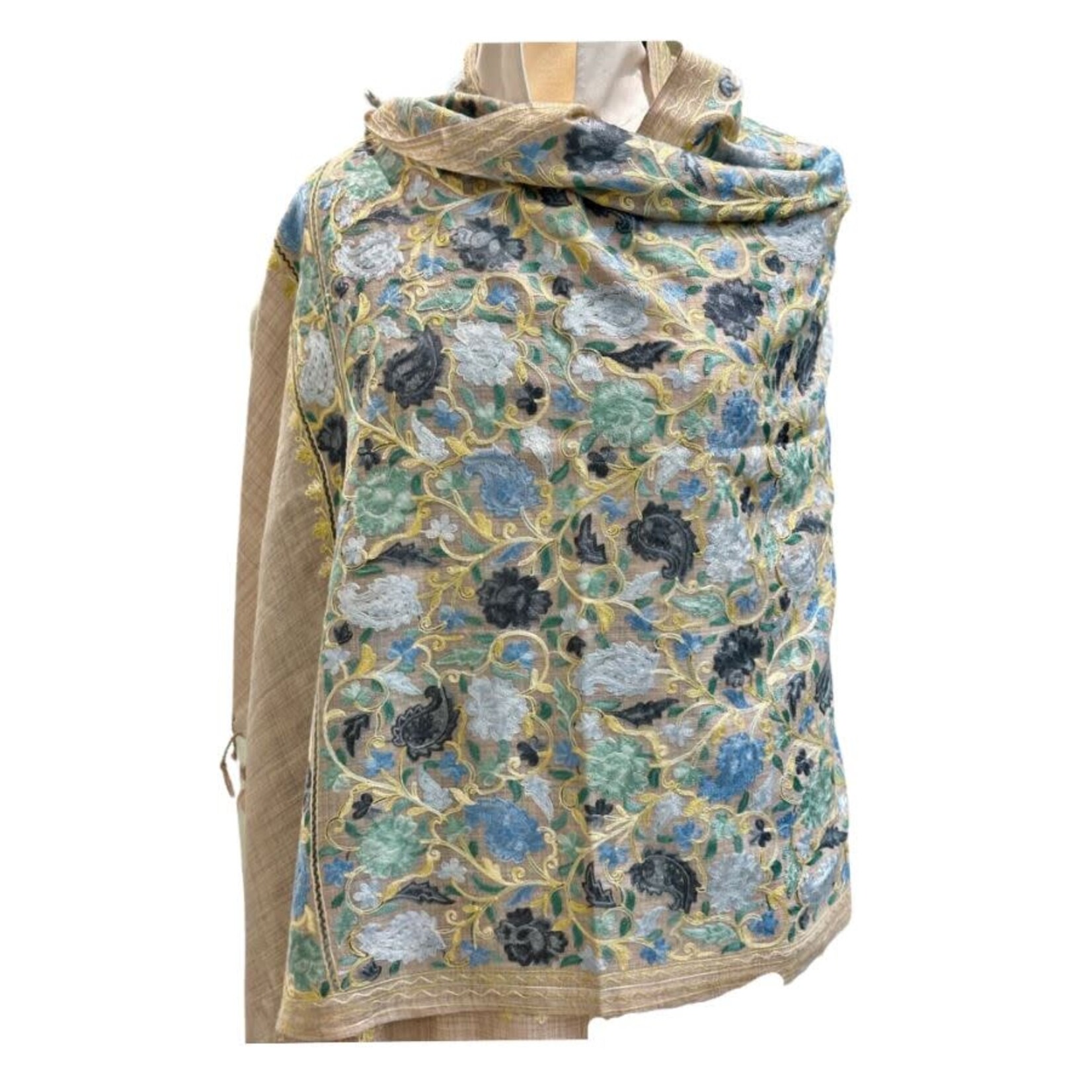 David Jeffery Embroidered Floral Arri Shawl - Blue & Green