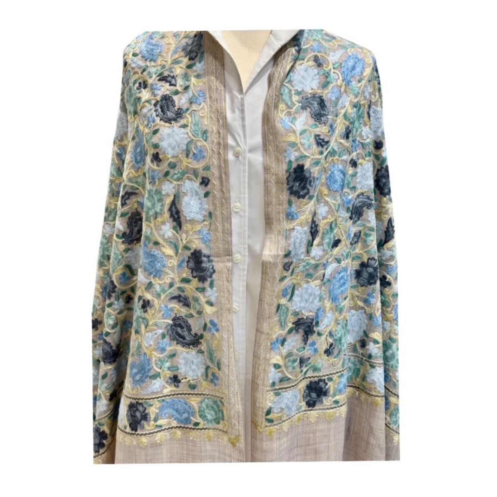 David Jeffery Embroidered Floral Arri Shawl - Blue & Green