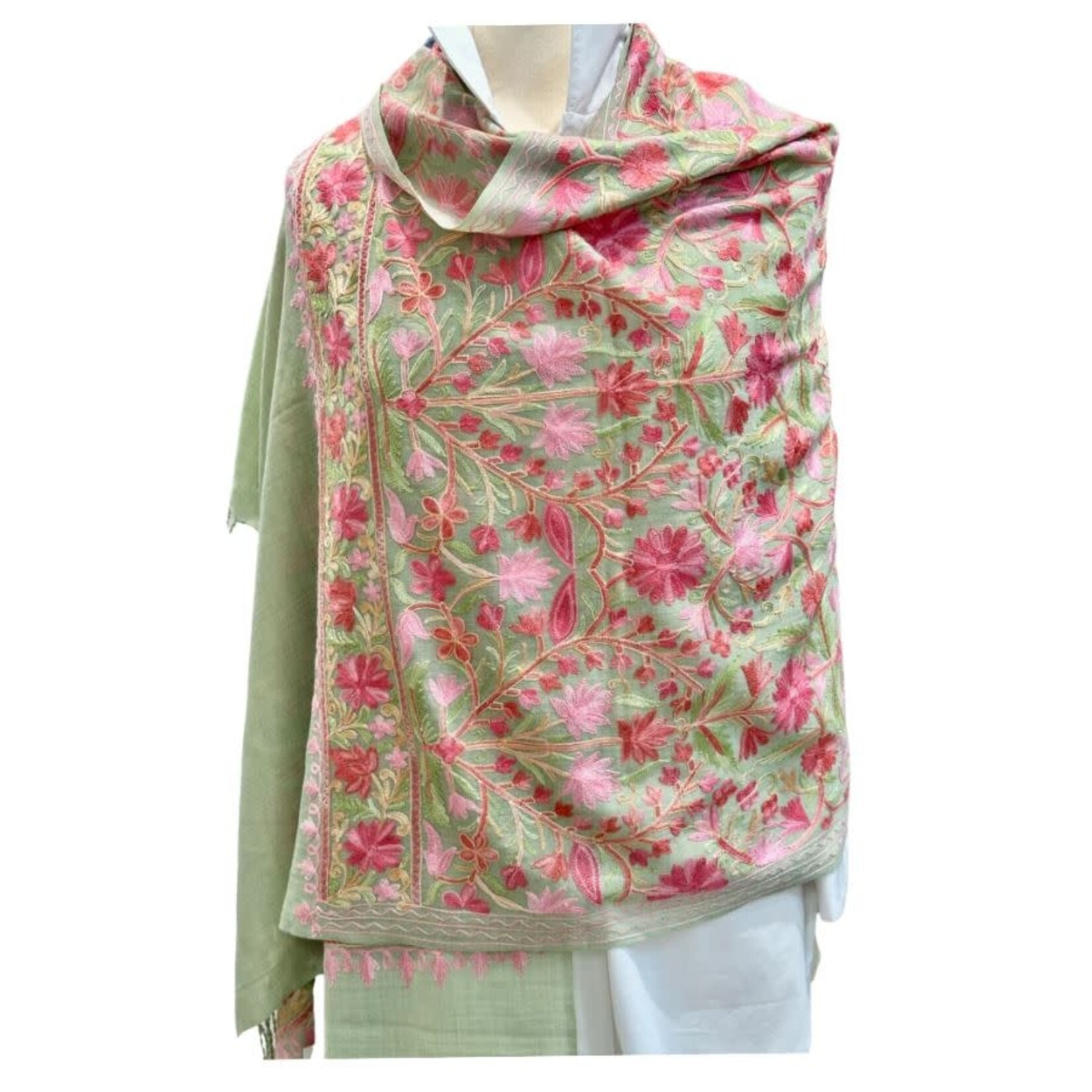 David Jeffery Embroidered Floral Arri Stole Shawl Pink & Green