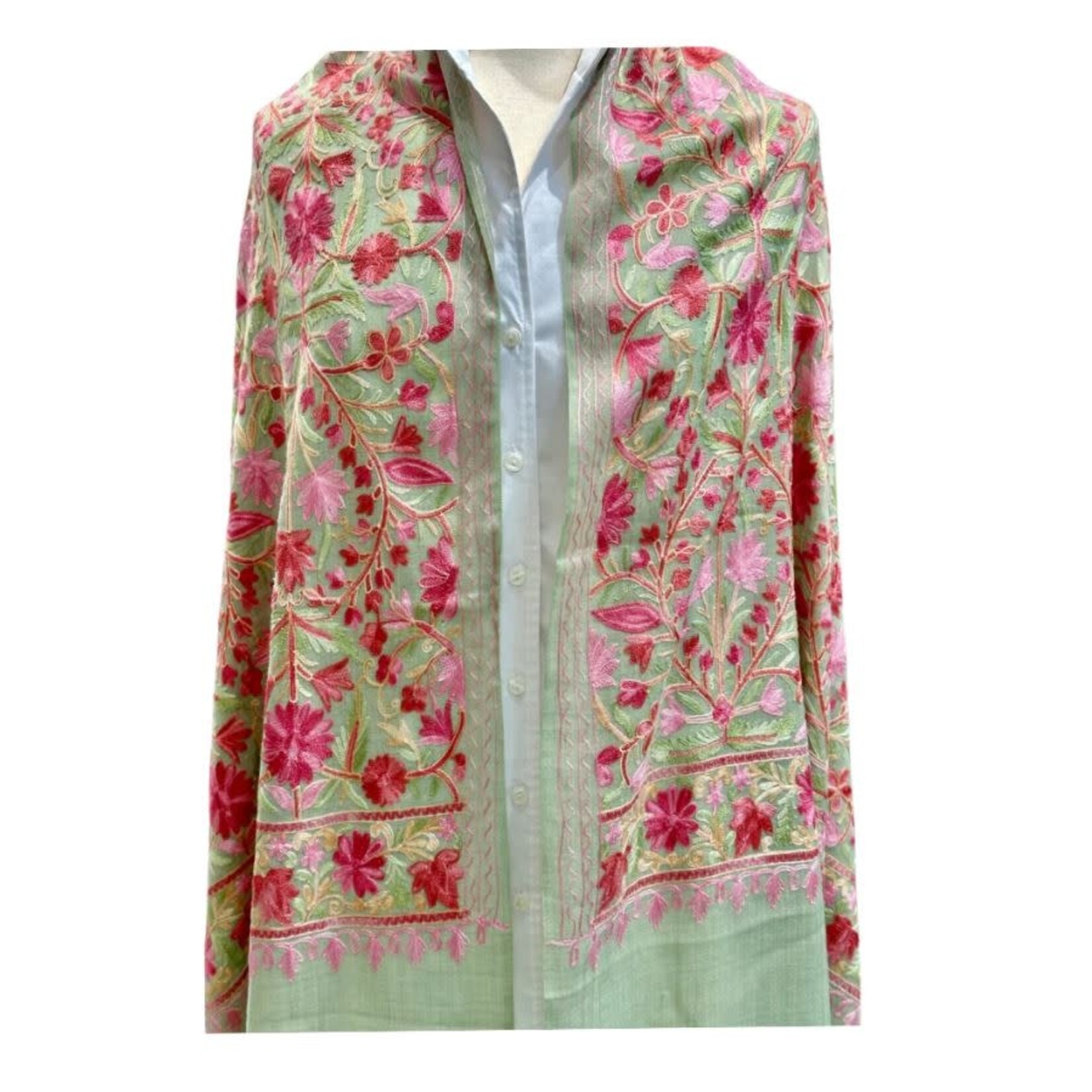 David Jeffery Embroidered Floral Arri Stole Shawl Pink & Green