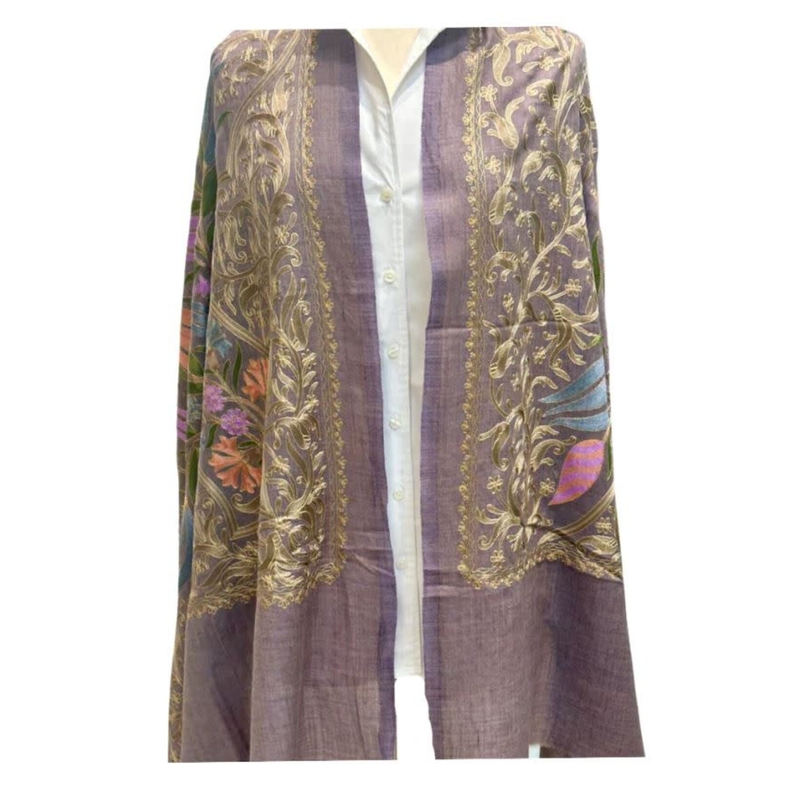 David Jeffery Silk Wool Blend Multi Colorful Embroidered Shawl
