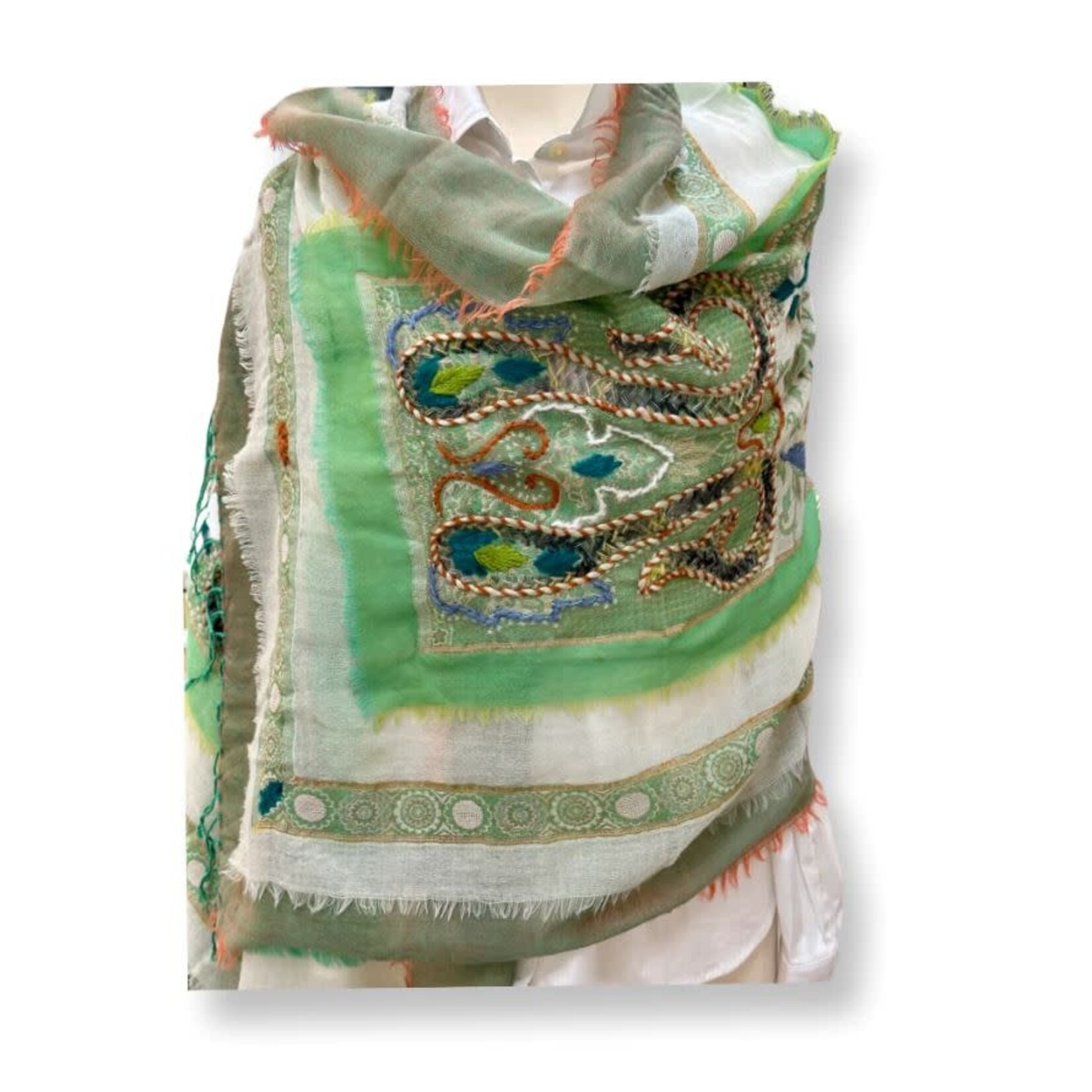 David Jeffery Wool Shawl Shades of Green &Ivory with Colorful