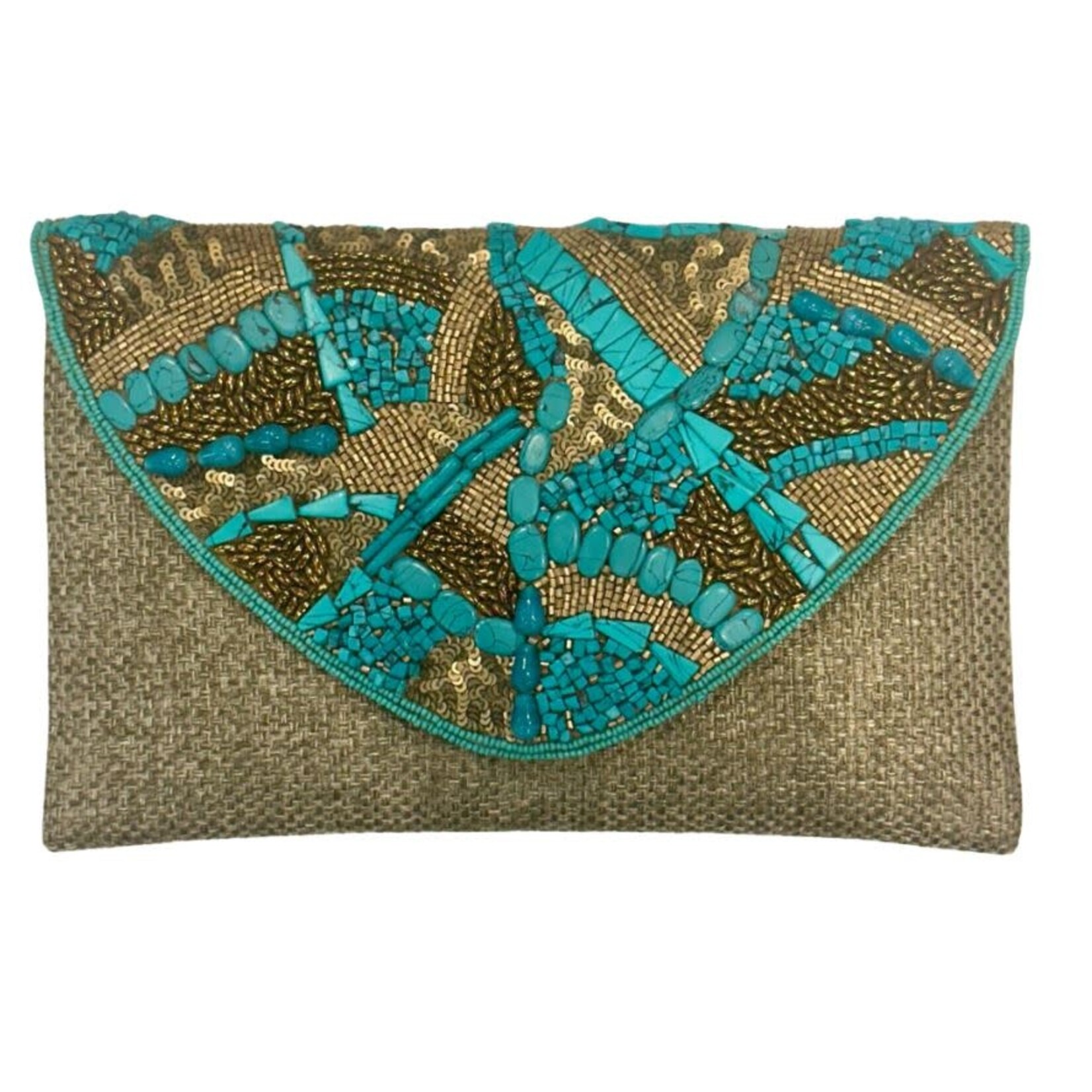 David Jeffery Jute Clutch with Gold Turquois Beads & Chaine