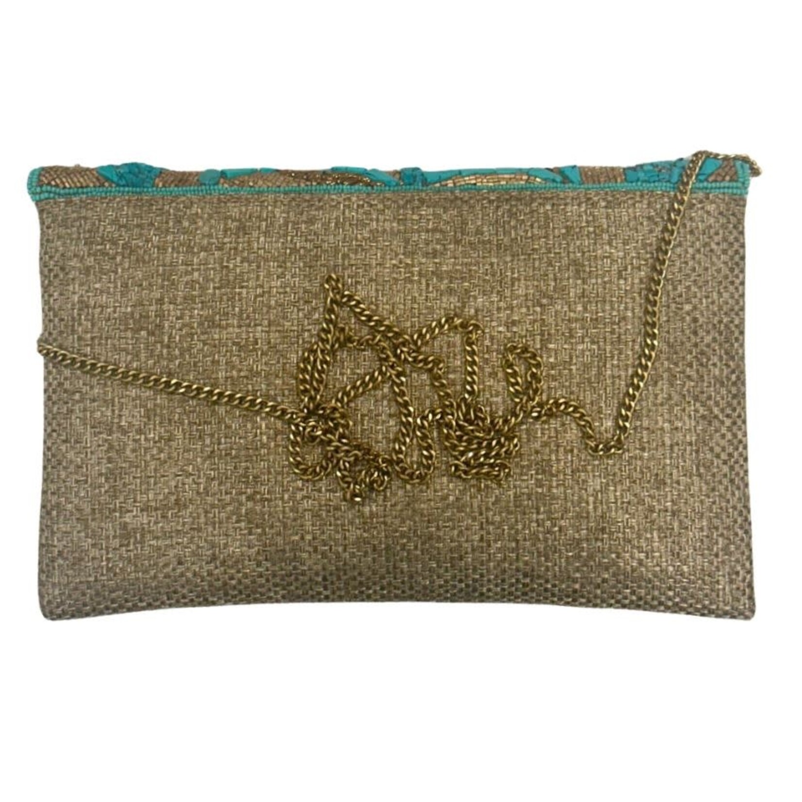 David Jeffery Jute Clutch with Gold Turquois Beads & Chaine