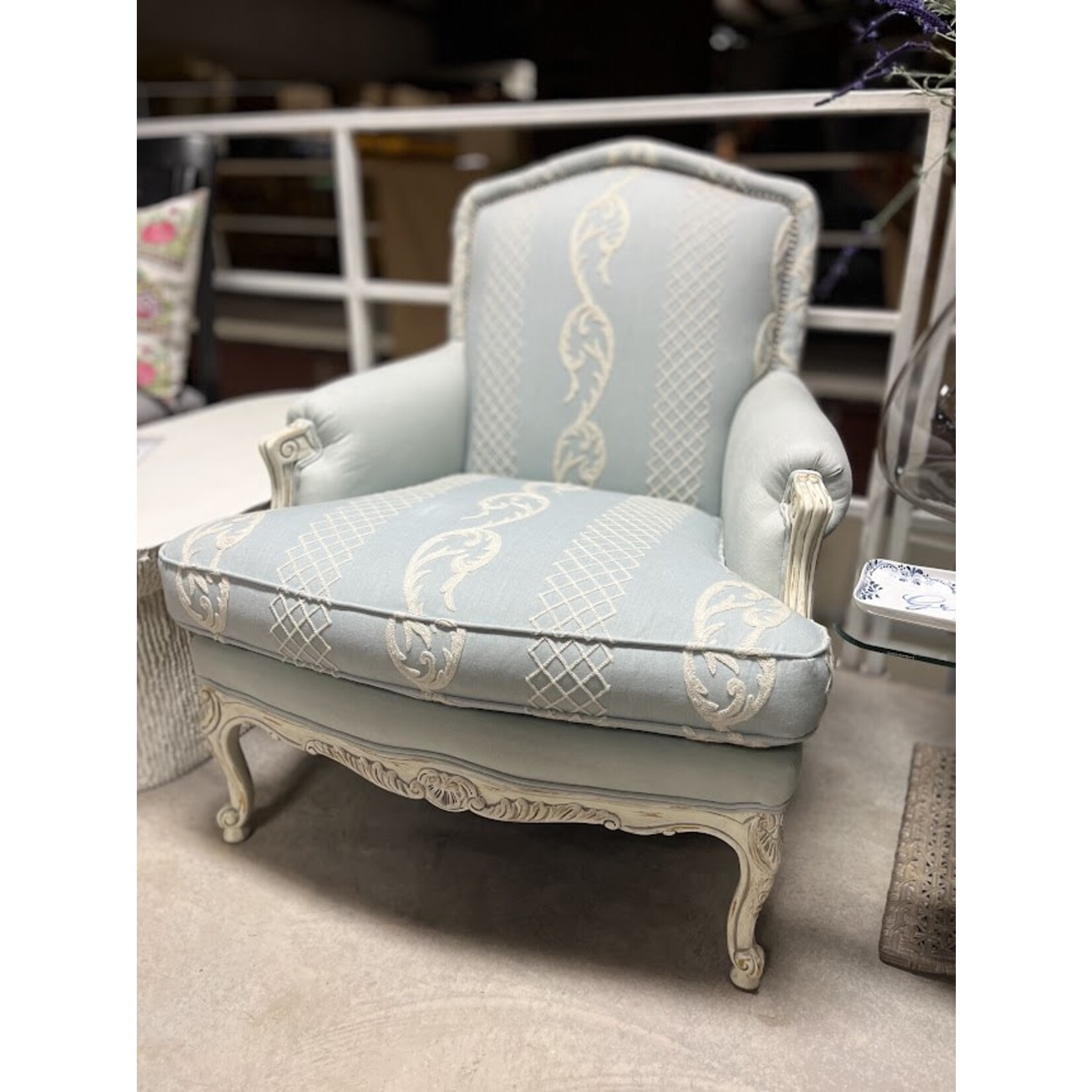 Sherrill Furniture Aqua Blue Carved Chair