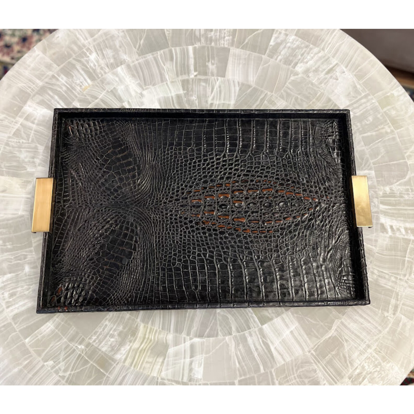 Theodore Alexander Alligator Leather Tray With Brass Handles