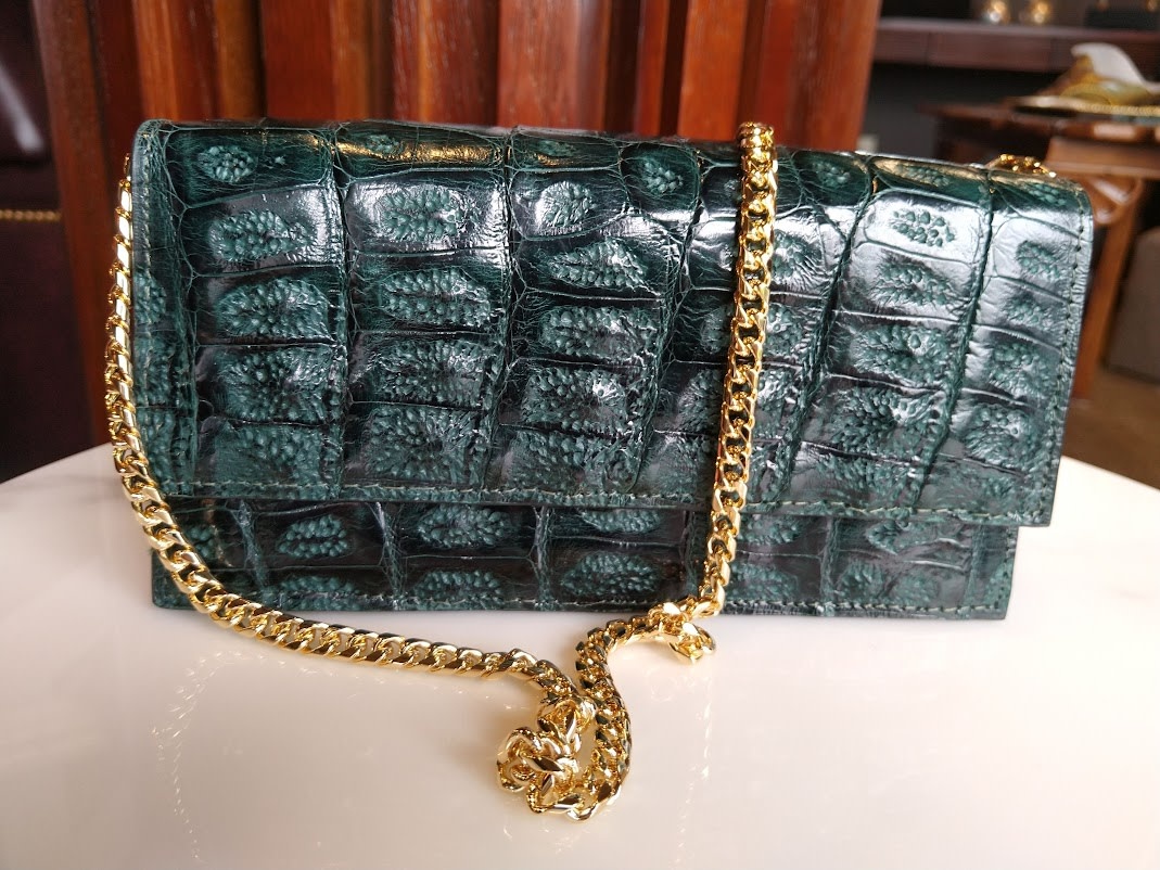 Green Messina Crocodile Overlap Clutch Handbag with Bone