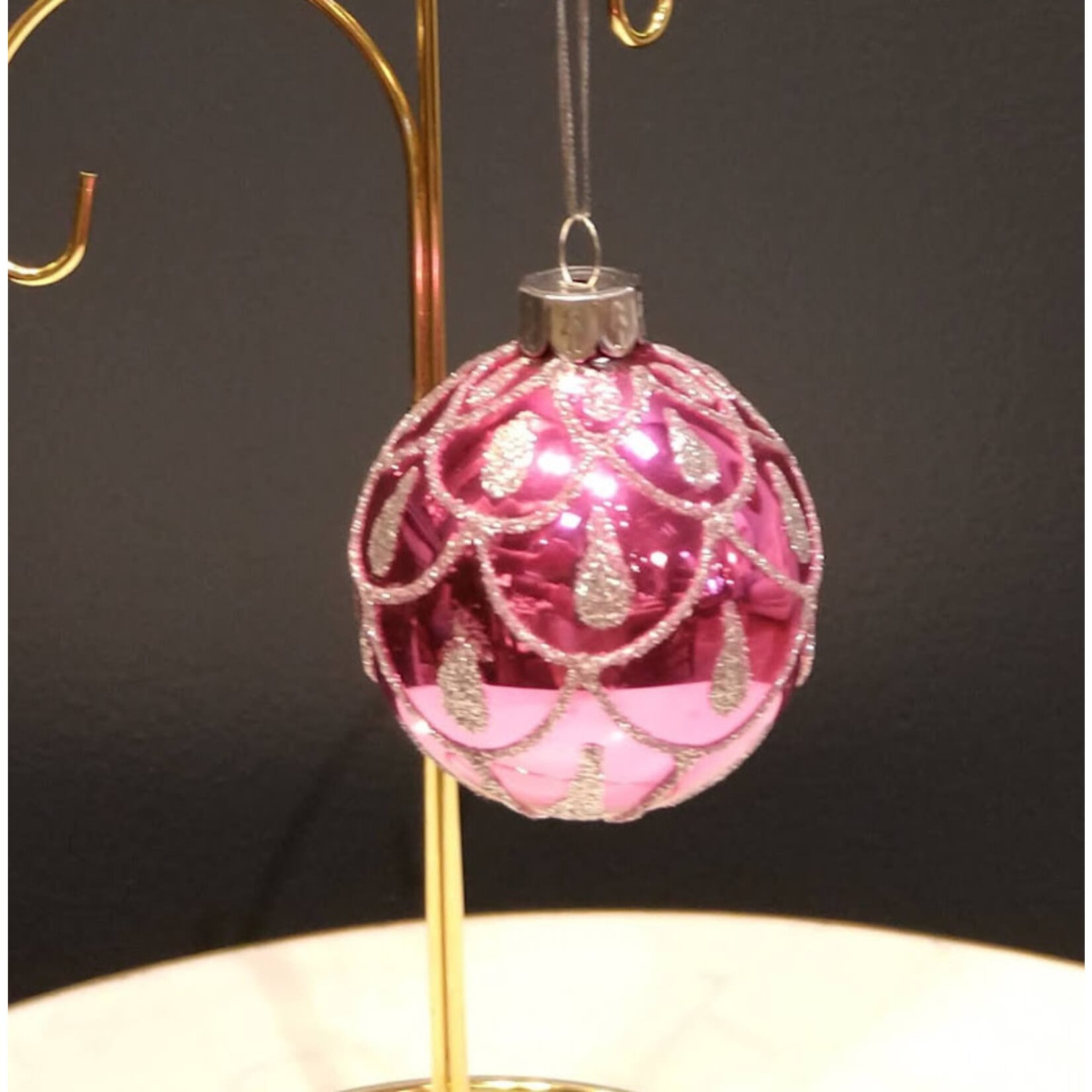 Two's Company Pink & Silver Glitter Glass Ball Ornament 2.5" Small